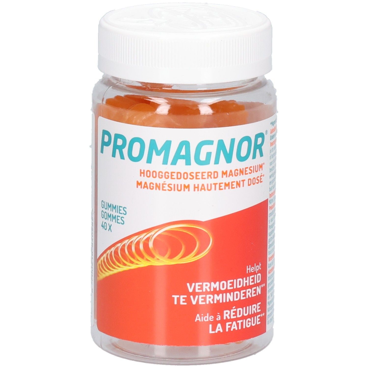 Promagnor-Gummis in einer Dose. Orangefarbene Gummis in einer transparenten Dose mit weißem Deckel.