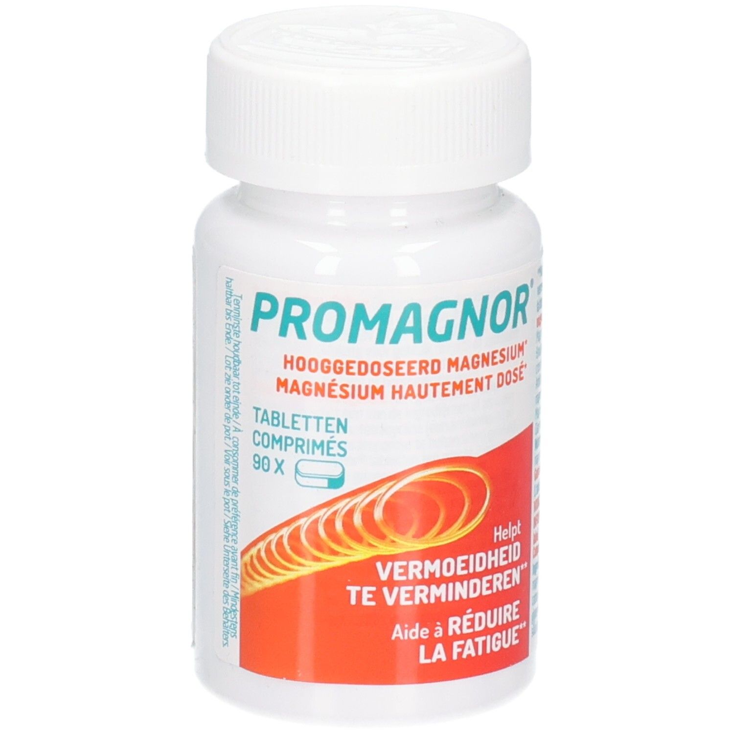 Weiße Flasche mit Tabletten. Aufschrift: Promagnor, hochdosiertes Magnesium. 90 Tabletten. Hilft, Müdigkeit zu reduzieren.