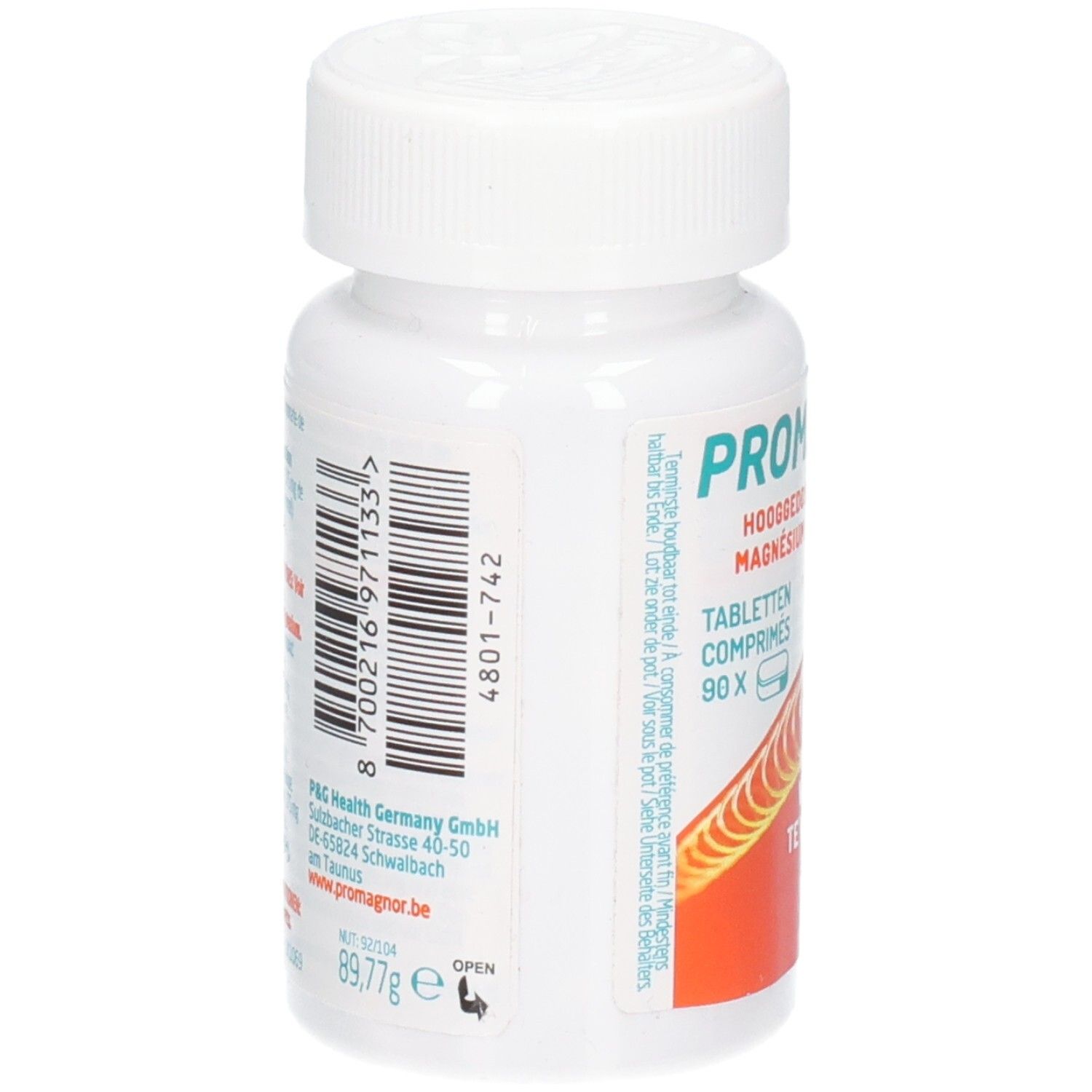 Rückseite der weißen Flasche mit Tabletten. Aufschrift: Promagnor, hochdosiertes Magnesium. 90 Tabletten. Herstellerinformationen.