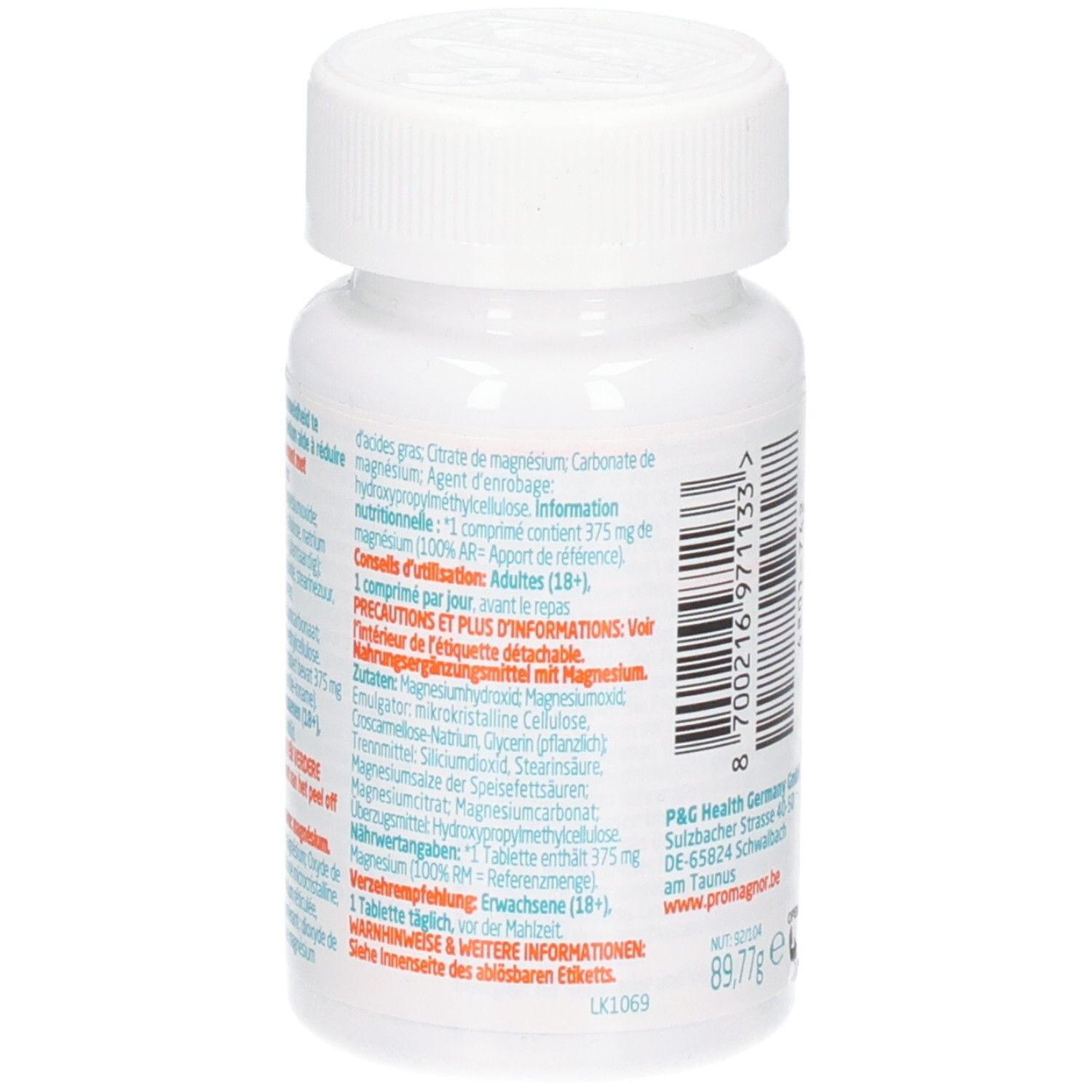 Rückseite der weißen Flasche mit Tabletten. Aufschrift: Promagnor, hochdosiertes Magnesium. Inhaltsstoffe und Anwendungshinweise.