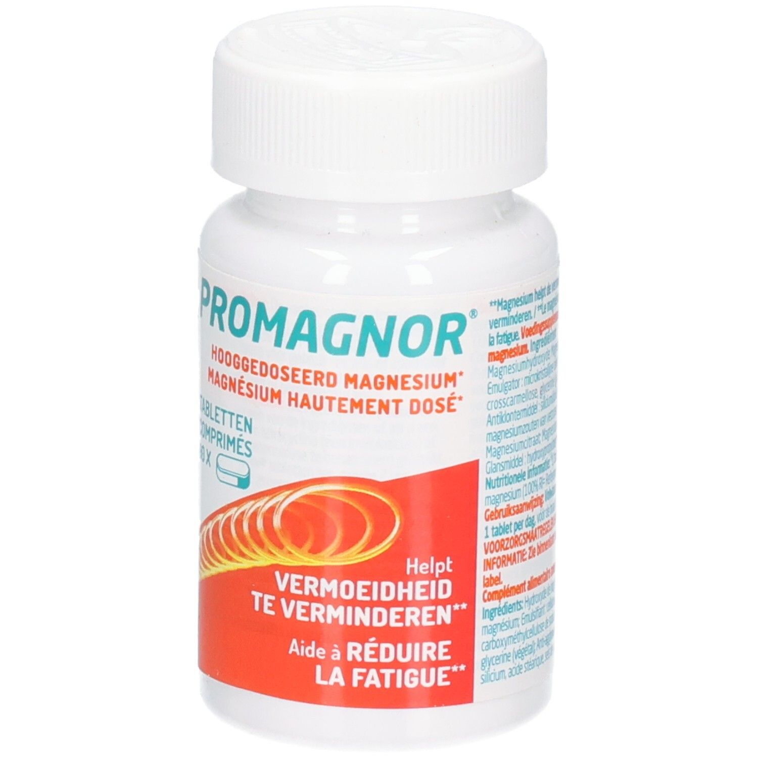 Weiße Flasche mit Tabletten. Aufschrift: Promagnor, hochdosiertes Magnesium. 90 Tabletten. Hilft, Müdigkeit zu reduzieren.