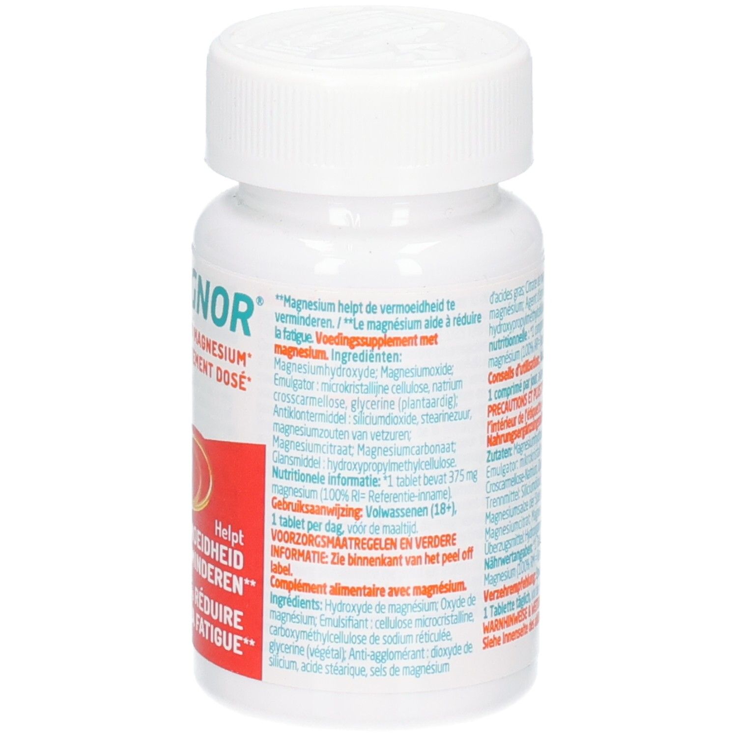 Weiße Flasche mit Tabletten. Aufschrift: Promagnor, hochdosiertes Magnesium. Inhaltsstoffe und Anwendungshinweise.