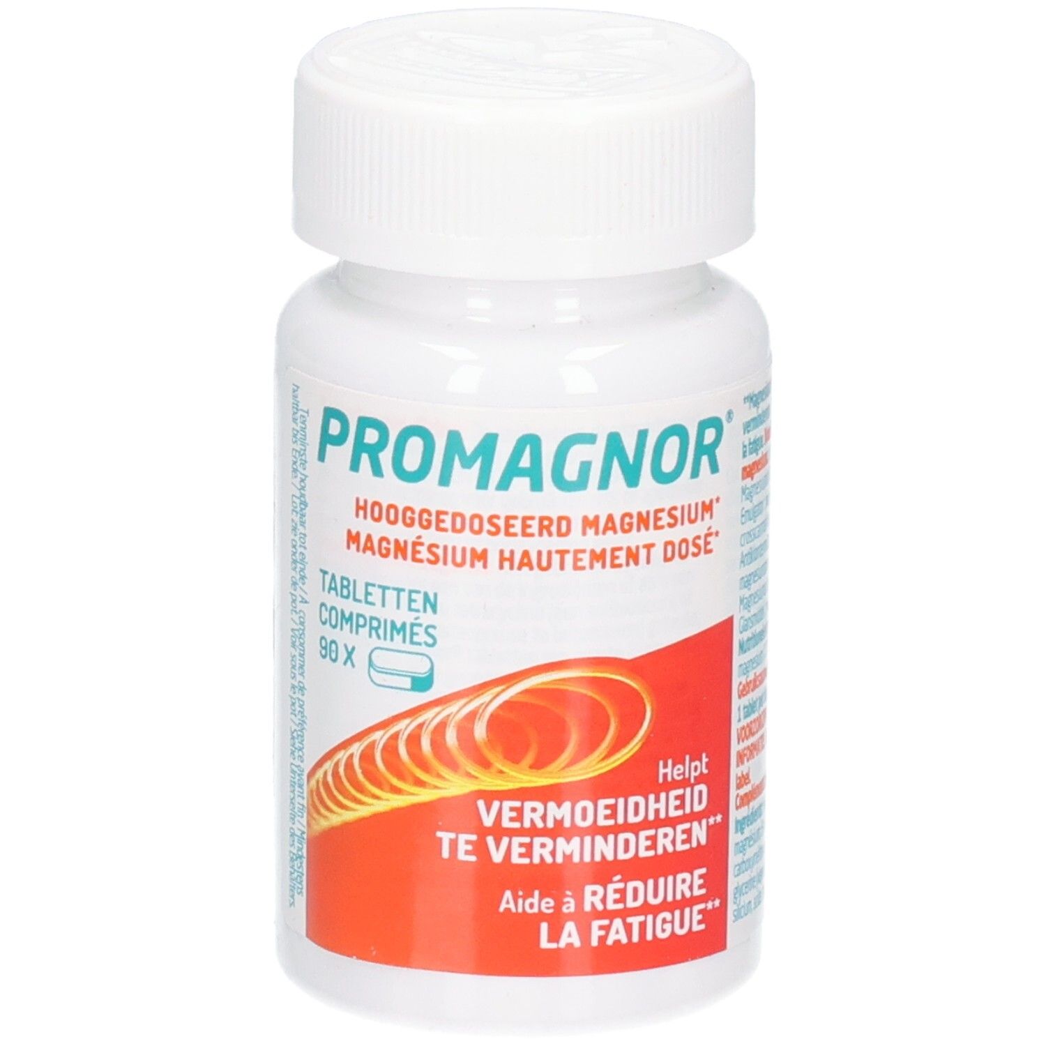 Weiße Flasche mit Tabletten. Aufschrift: Promagnor, hochdosiertes Magnesium. 90 Tabletten. Hilft, Müdigkeit zu reduzieren.