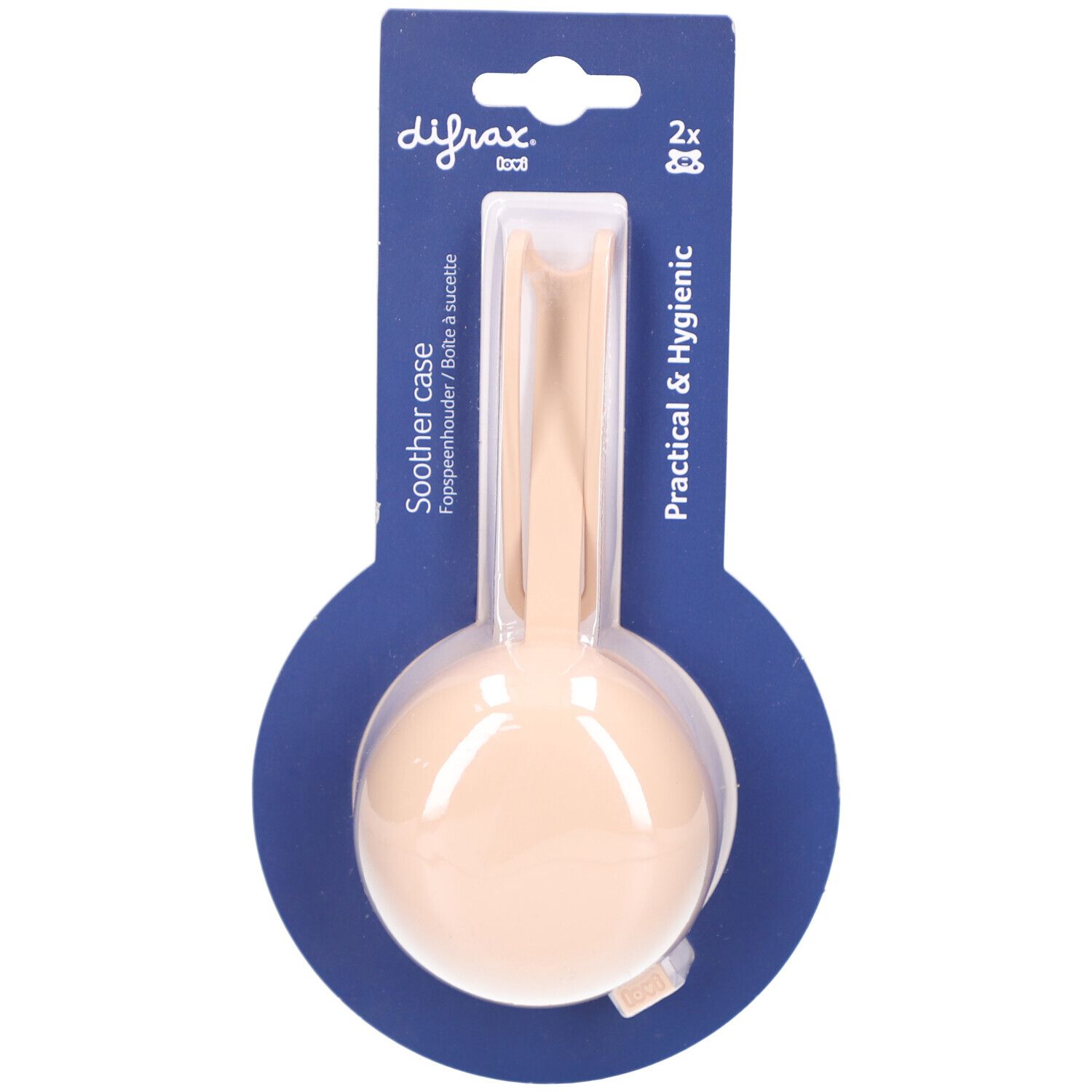 Beige Schnuller-Etui. Durchsichtige Verpackung. Marke Difrax. "Practical & Hygienic" Text.