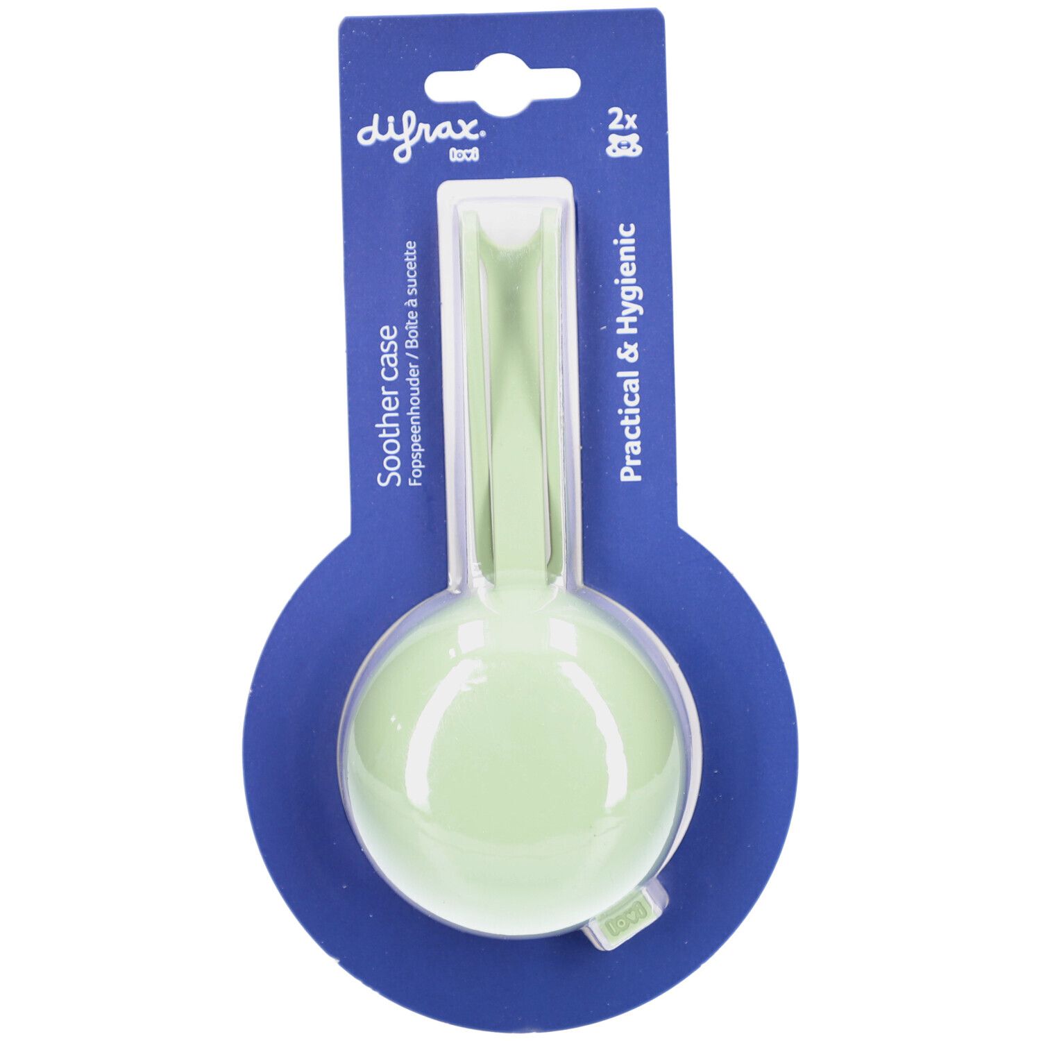 Grüner Schnullerbehälter in Verpackung. Marke Difrax. Aufschrift: Soother case. Praktisch & hygienisch.