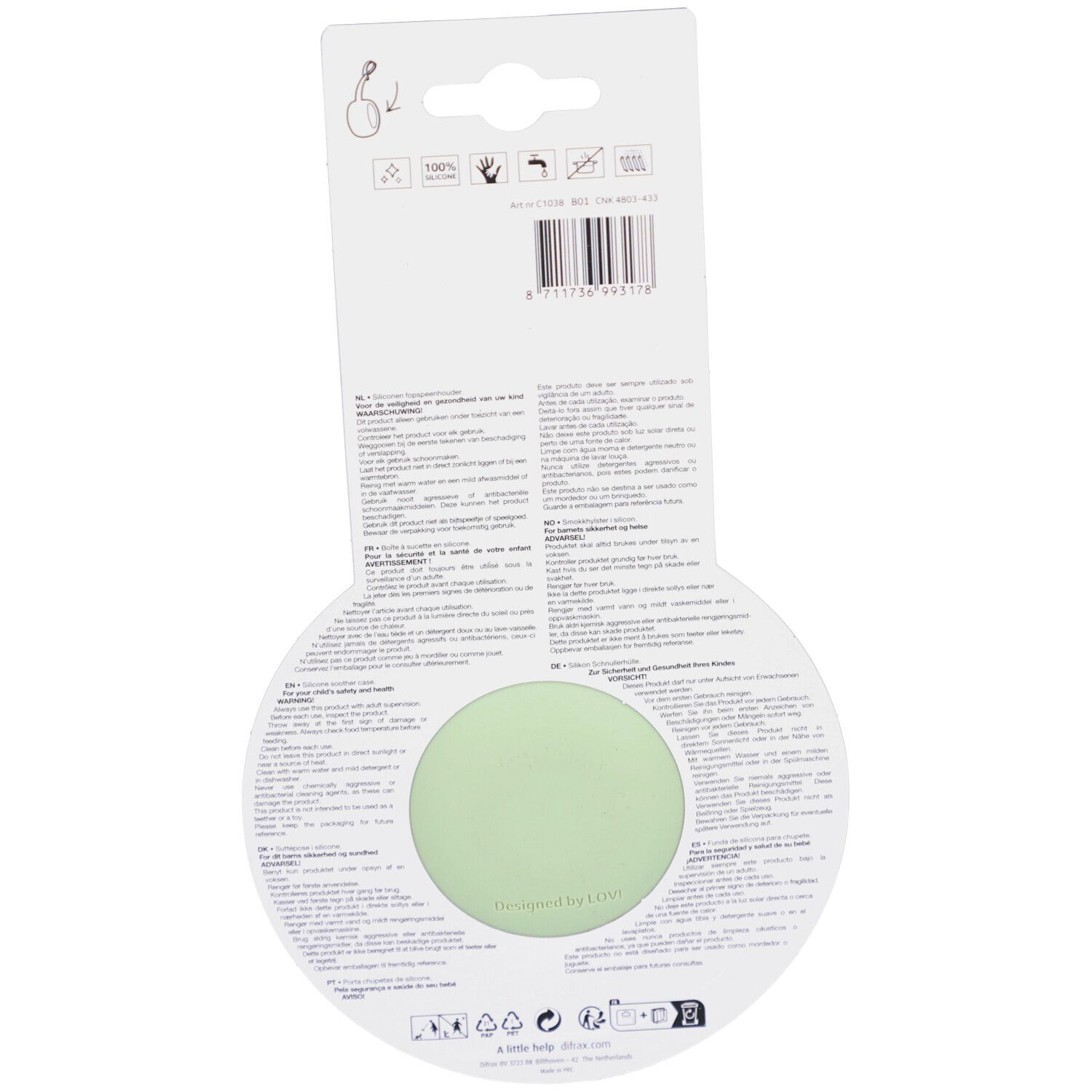 Rückseite der Verpackung des grünen Schnullerbehälters. Text in mehreren Sprachen.