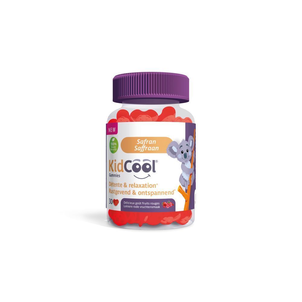 Flacon transparent, bouchon violet. Étiquette "KidCool" et illustration koala. Gummies rouges visibles.