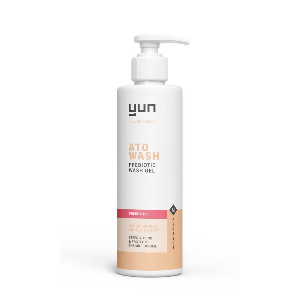 Flacon blanc avec pompe. Inscription : ATO WASH, Prebiotic Wash Gel. Marque : yun.