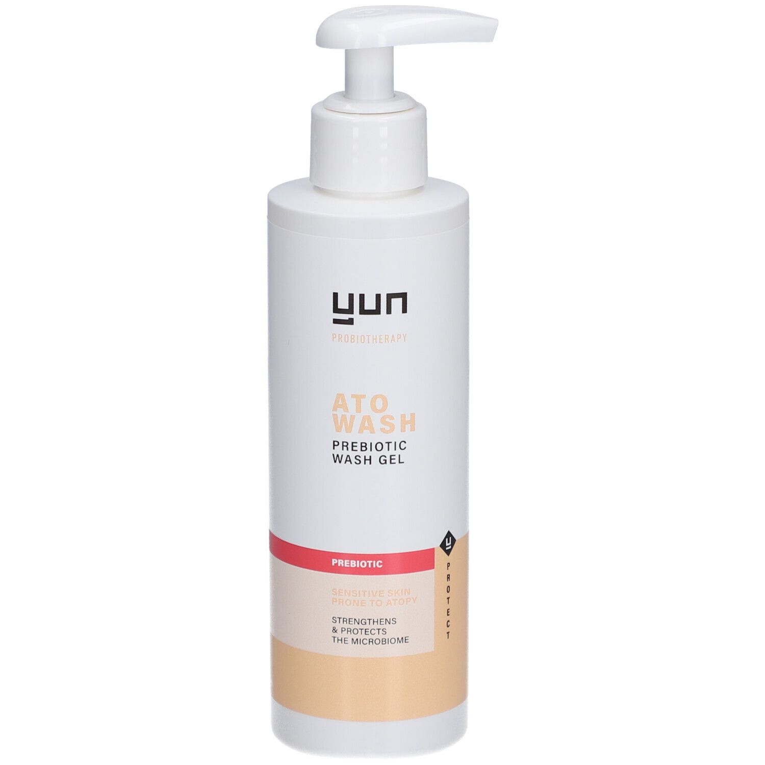 Weiße Flasche mit Pumpe. Aufschrift: ATO WASH, Prebiotic Wash Gel. Marke: yun.