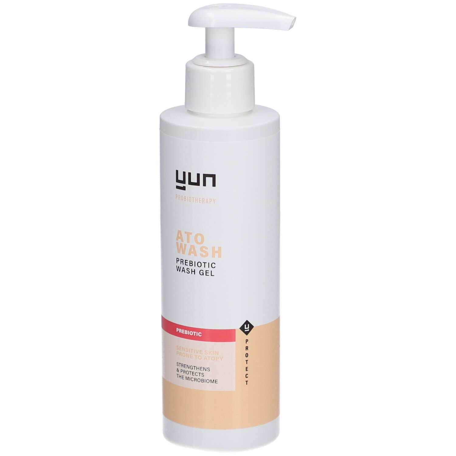 Weiße Flasche mit Pumpe. Aufschrift: ATO WASH, Prebiotic Wash Gel. Marke: yun.
