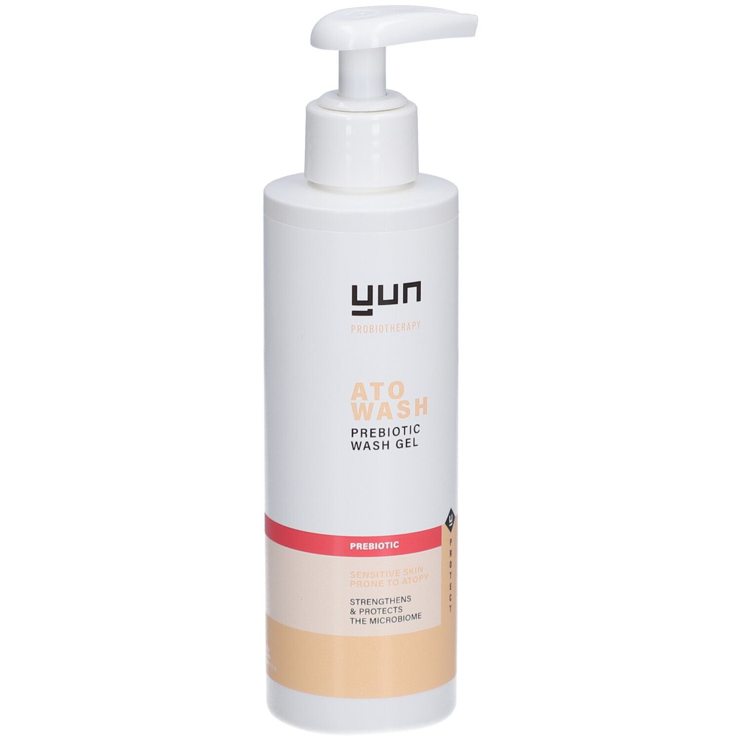 Weiße Flasche mit Pumpe. Aufschrift: ATO WASH, Prebiotic Wash Gel. Marke: yun.