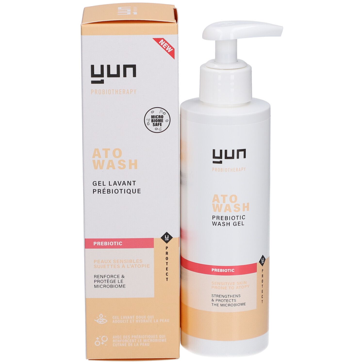 Produktverpackung und Flasche mit Pumpe. Aufschrift: ATO WASH, Gel Lavant Prébiotique. Marke: yun.