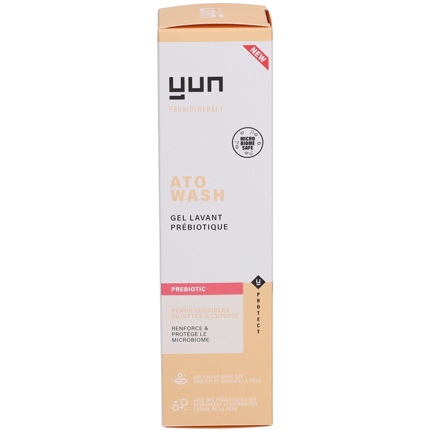 Produktverpackung. Aufschrift: ATO WASH, Gel Lavant Prébiotique. Marke: yun.