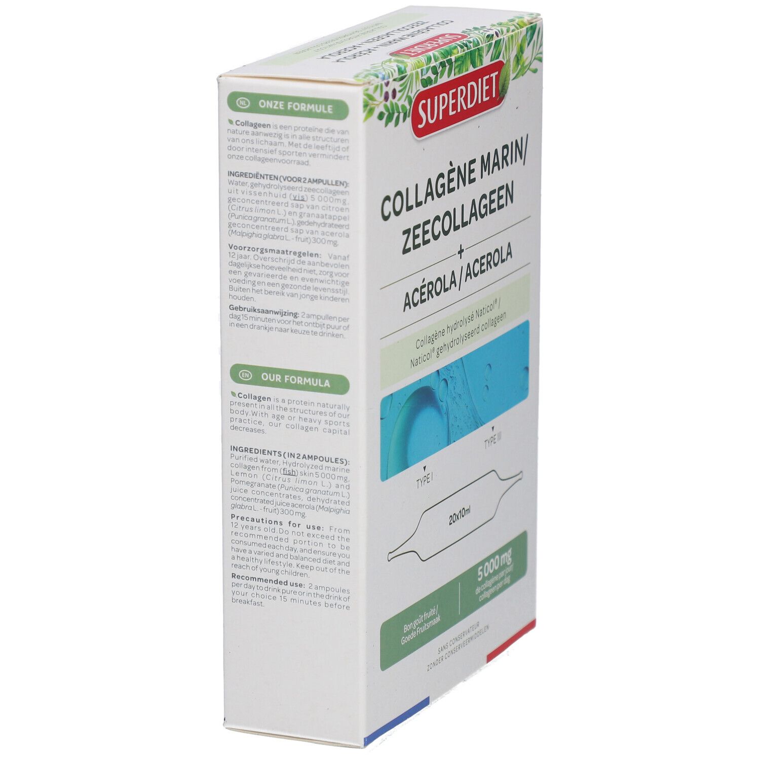 Kartonverpackung von Superdiet Kollagen Marin, Seitenansicht. Text mit Inhaltsstoffen und Anwendungshinweisen. Enthält 20 Ampullen.