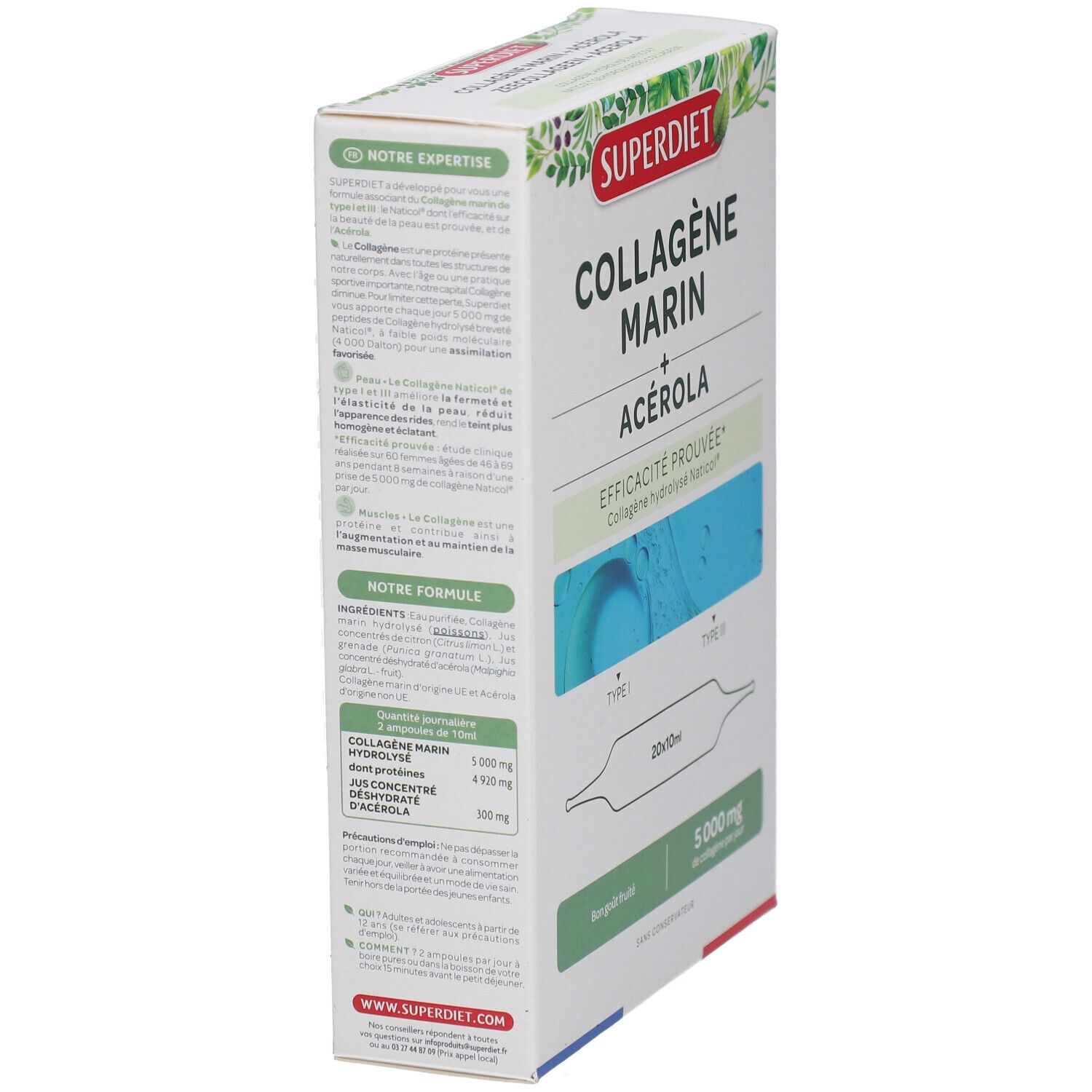 Kartonverpackung von Superdiet Kollagen Marin, Seitenansicht. Text mit Inhaltsstoffen und Anwendungshinweisen. Enthält 20 Ampullen.