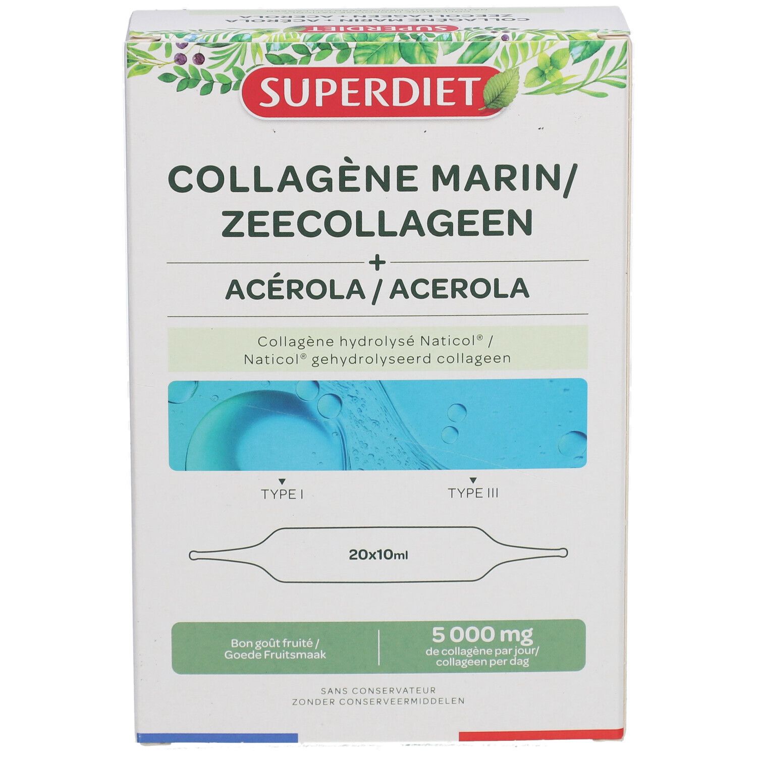 Kartonverpackung von Superdiet Kollagen Marin mit Text. Enthält 20 Ampullen à 10 ml. Enthält Acerola und 5000 mg Kollagen pro Tag.