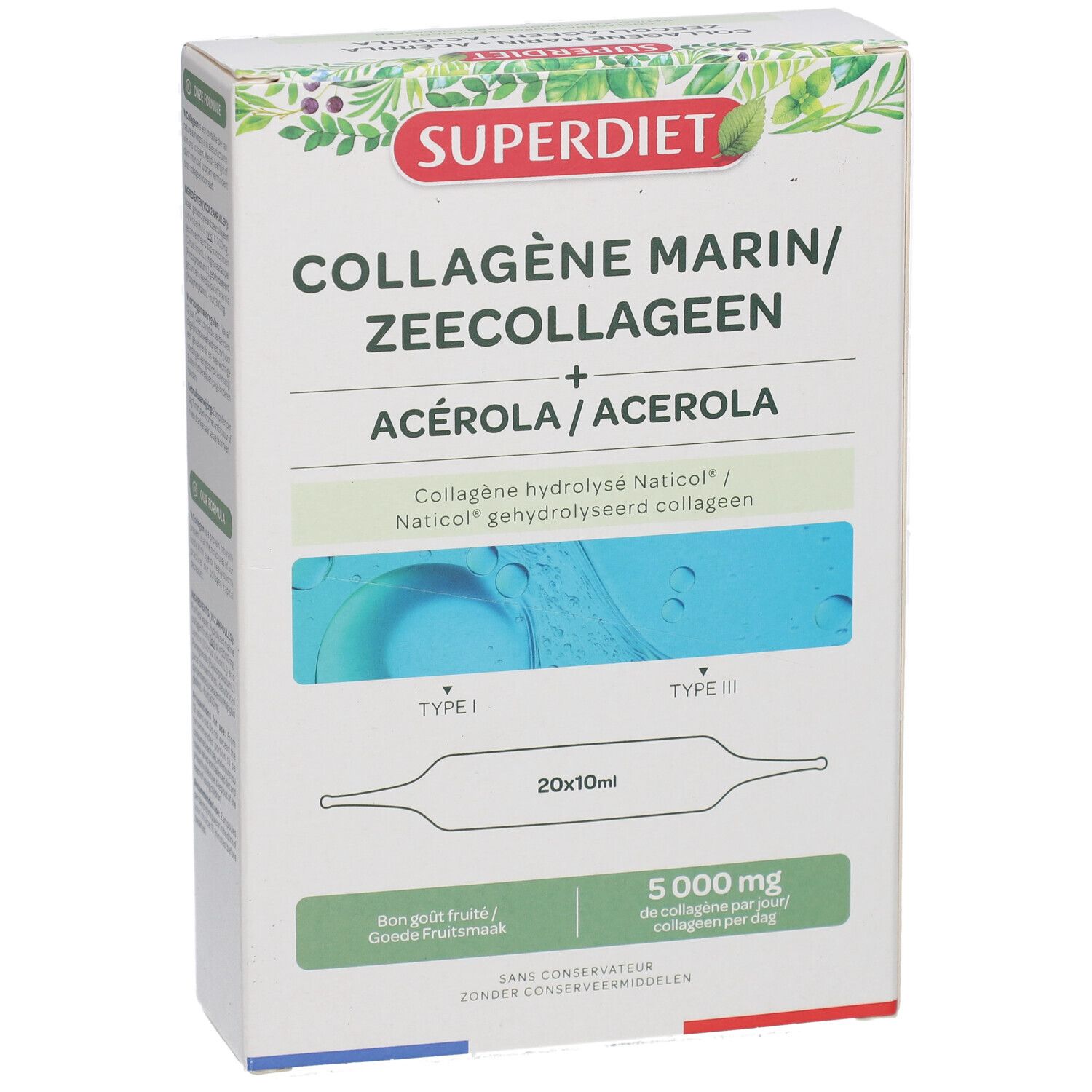 Kartonverpackung von Superdiet Kollagen Marin mit Text. Enthält 20 Ampullen à 10 ml. Enthält Acerola und 5000 mg Kollagen pro Tag.