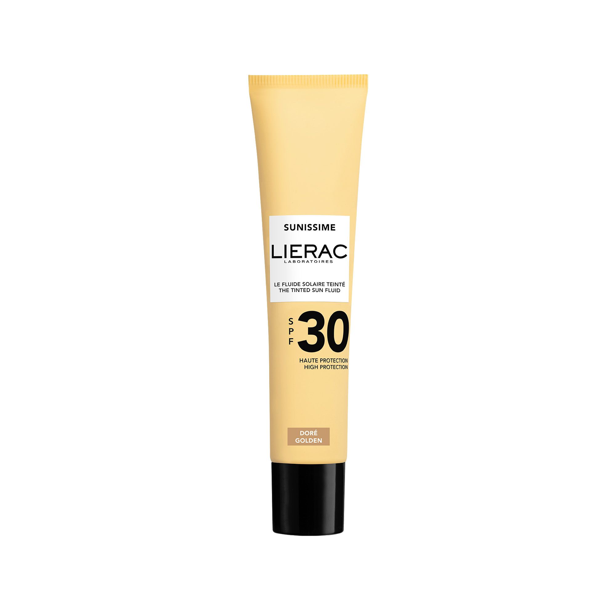 Tube beige Lierac Sunissime SPF30. Inscription Sunissime, Lierac, SPF30. Teinte Doré.