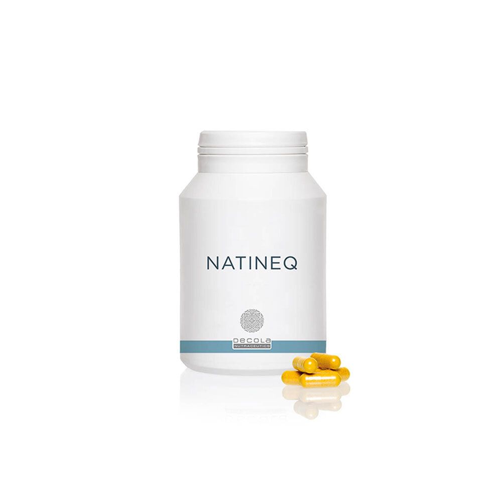 Flacon blanc avec capsules. Inscription NATINEQ. Quelques capsules à côté. Capsules jaunes.