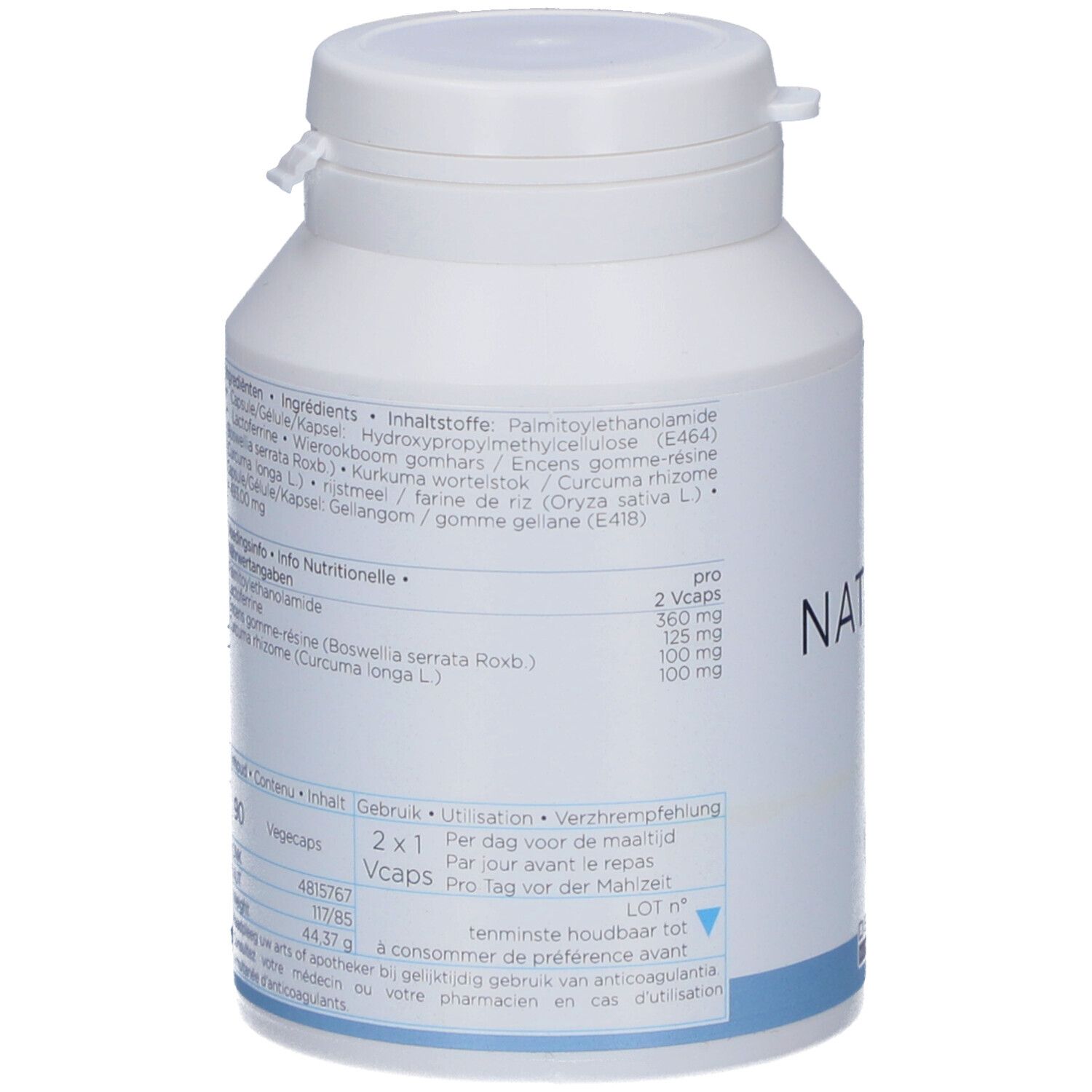 Weiße Flasche mit Kapseln. Aufschrift NATINEQ. Zutatenliste und Nährwertangaben auf dem Etikett.