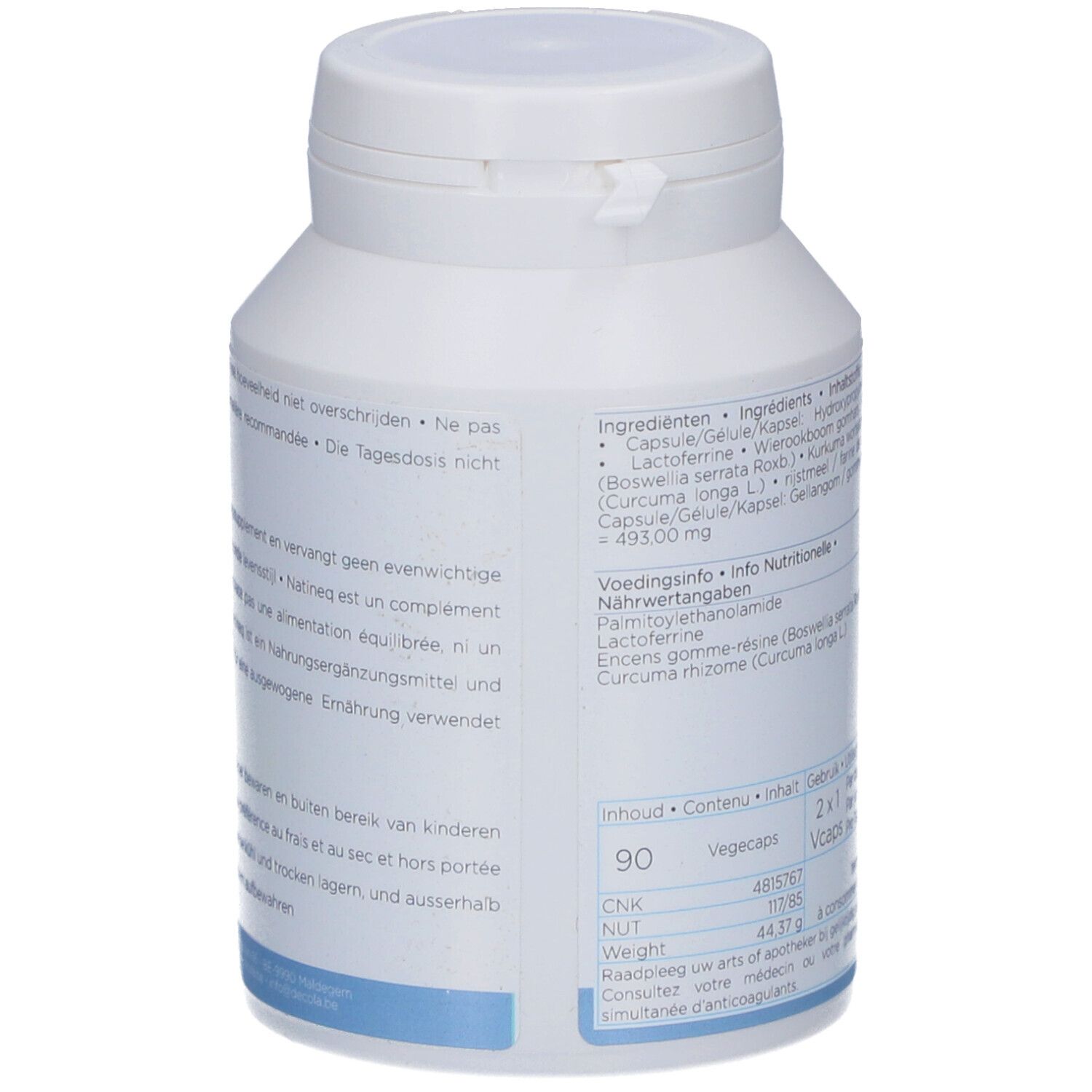 Weiße Flasche mit Kapseln. Aufschrift NATINEQ. Rückseite mit Text. 90 Vegicaps. CNK und NUT-Nummer.
