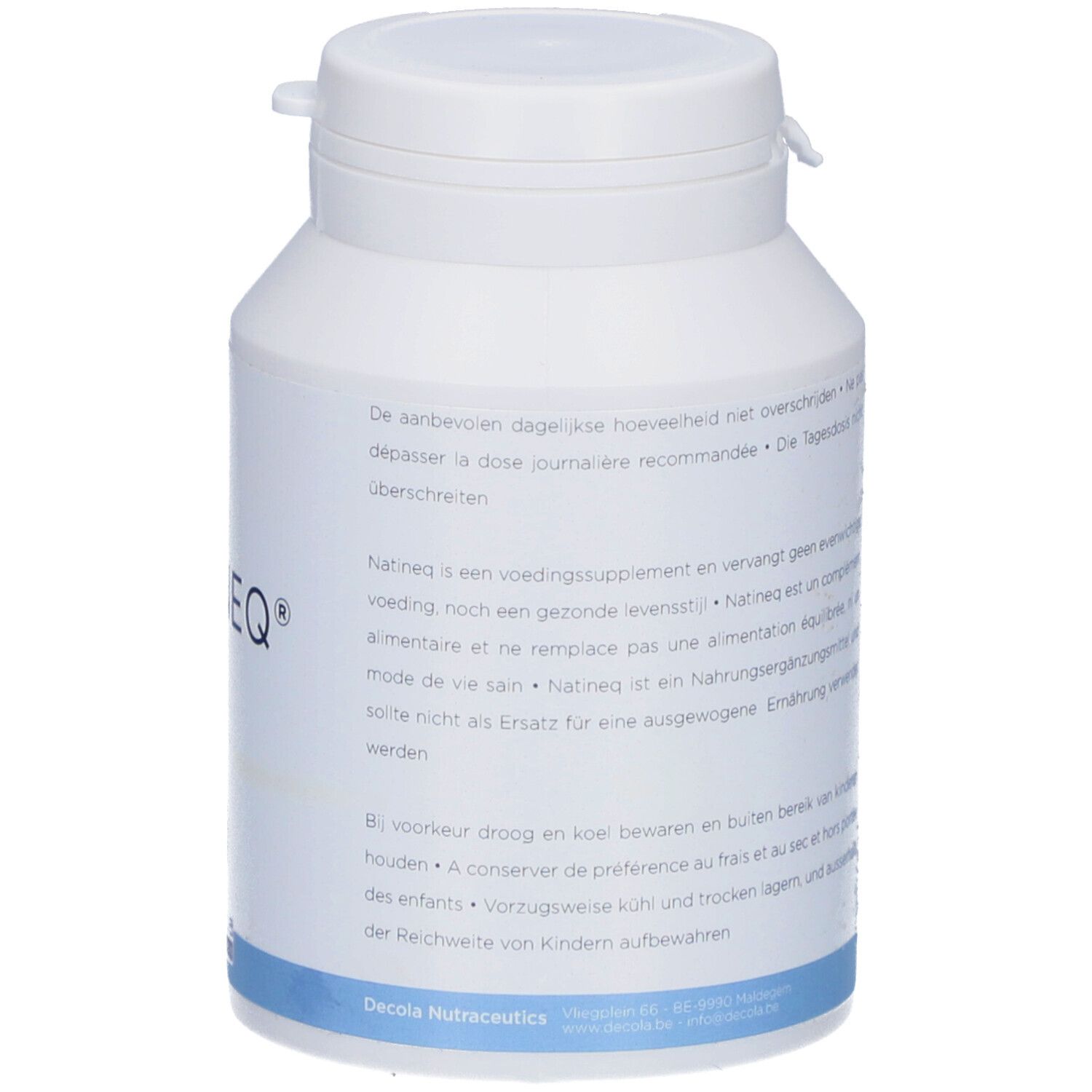 Weiße Flasche mit Kapseln. Aufschrift NATINEQ. Decola Nutraceutics Logo. Text auf dem Etikett.