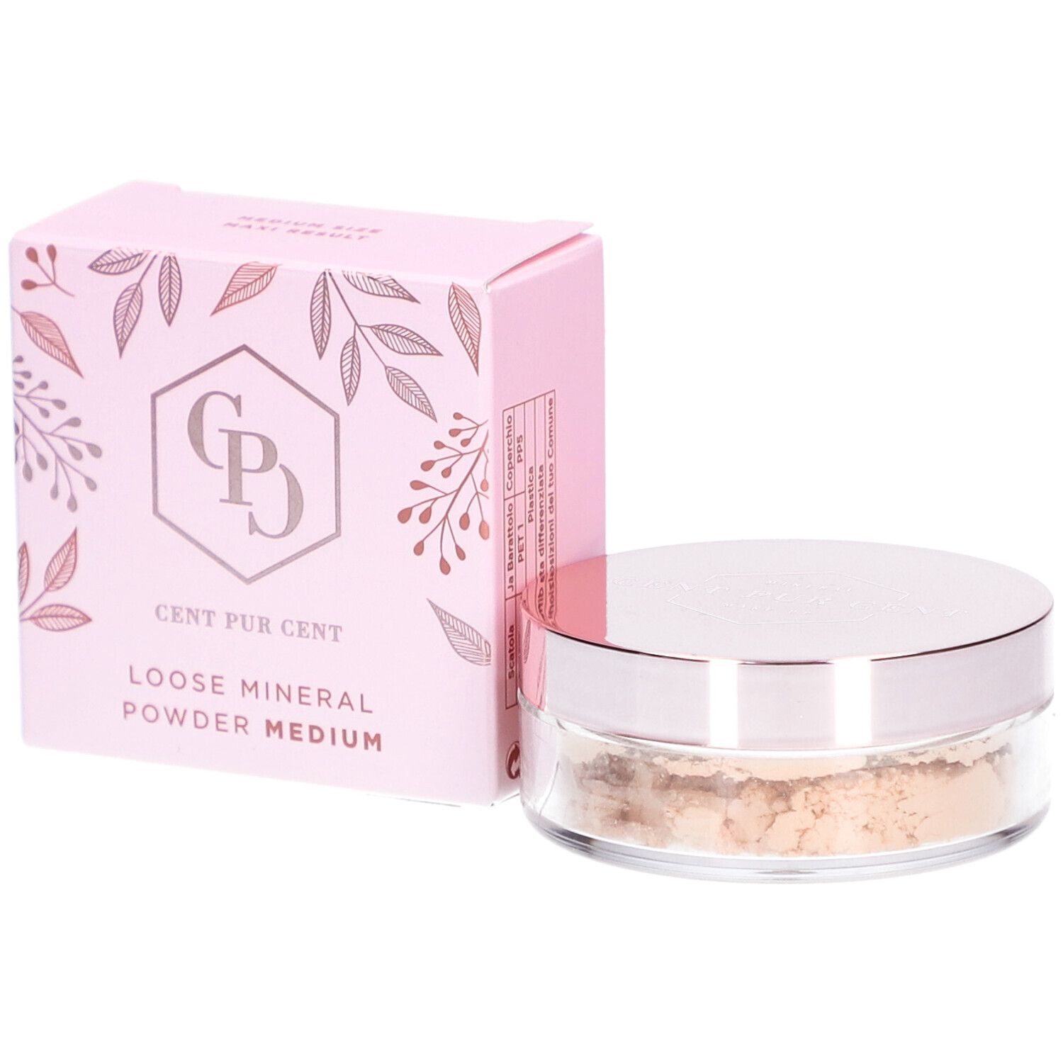 Cent Pur Cent Lose Mineral Foundation Medium 1.0. Rosa Verpackung und Dose mit Puder. Text auf der Verpackung.