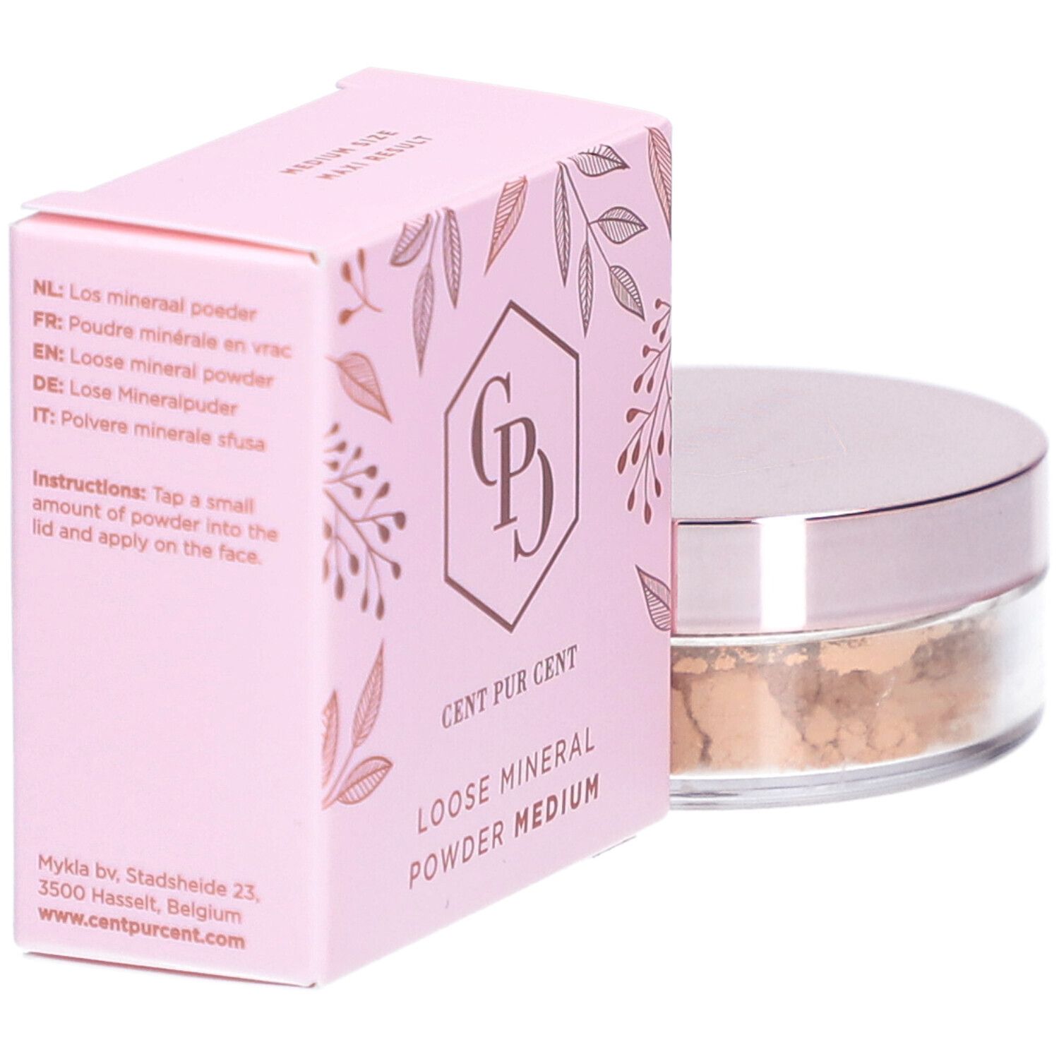 Cent Pur Cent Lose Mineral Foundation Medium 1.0. Rosa Verpackung und Dose mit Puder. Text auf der Verpackung.