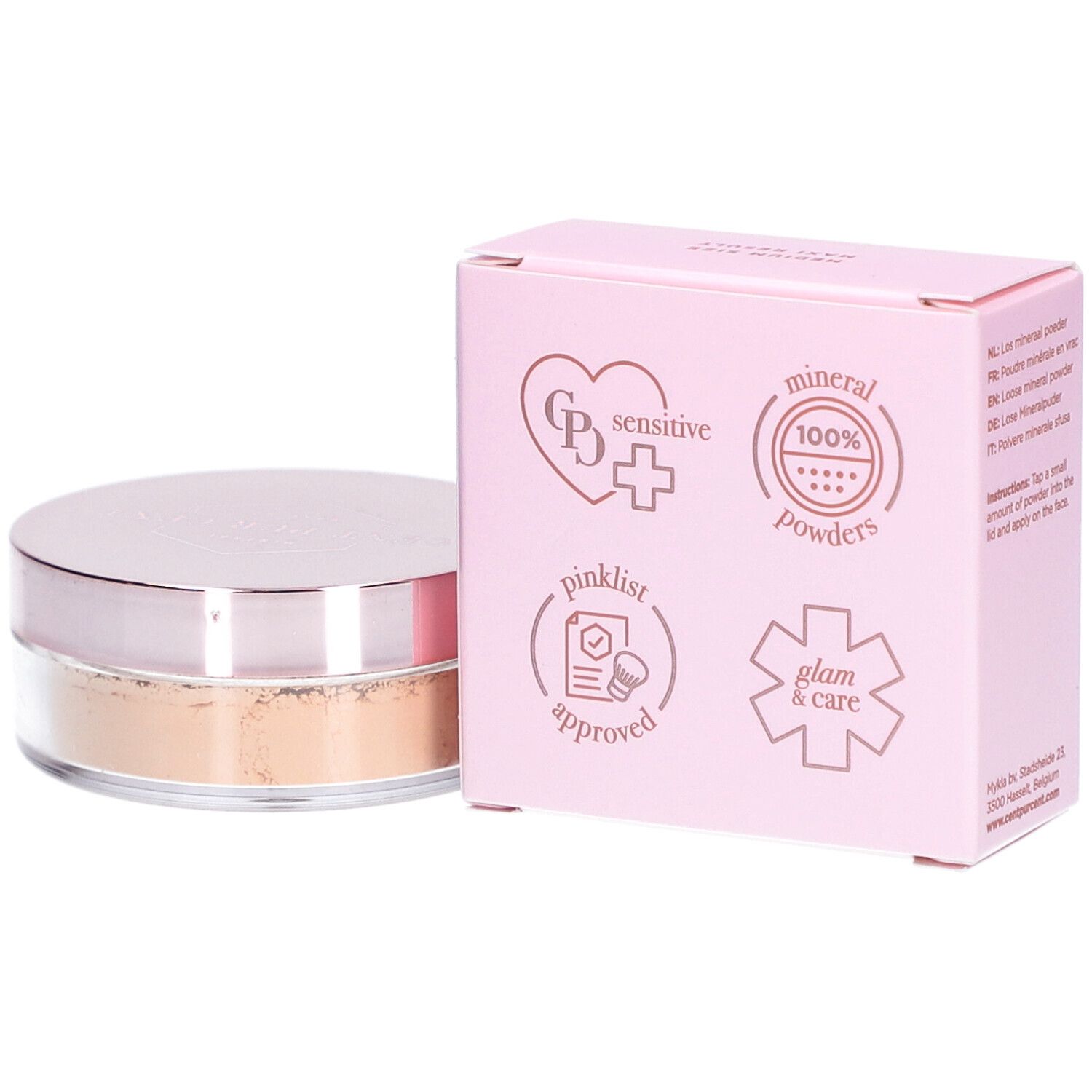 Cent Pur Cent Lose Mineral Foundation Medium 1.0. Rosa Verpackung und Dose mit Puder. Text auf der Verpackung.
