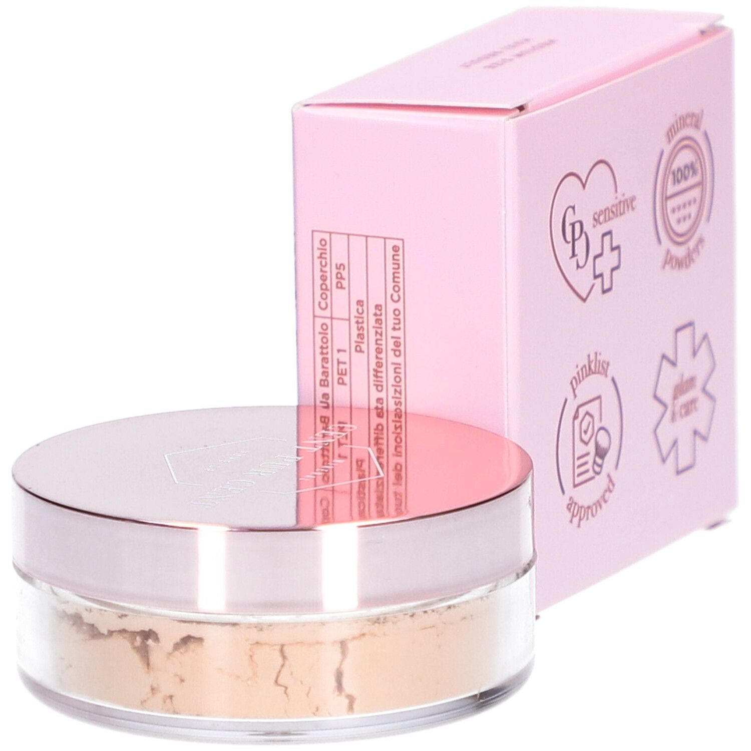 Cent Pur Cent Lose Mineral Foundation Medium 1.0. Rosa Verpackung und Dose mit Puder. Text auf der Verpackung.