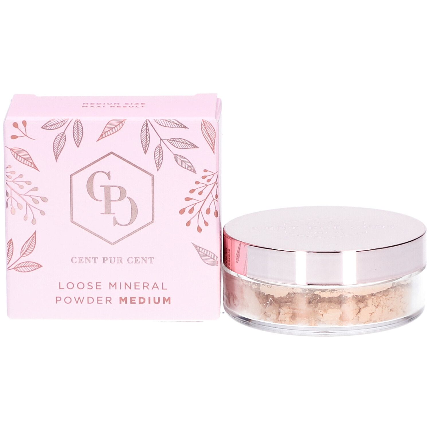Cent Pur Cent Lose Mineral Foundation Medium 1.0. Rosa Verpackung und Dose mit Puder. Text auf der Verpackung.