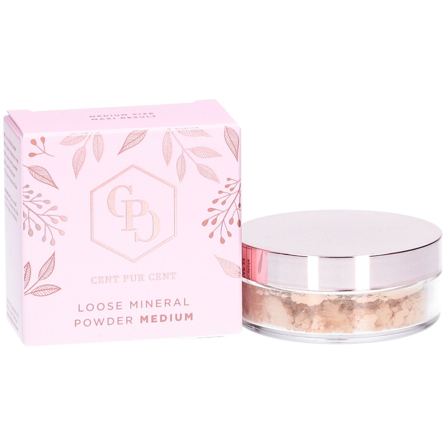 Cent Pur Cent Lose Mineral Foundation Medium 1.0. Rosa Verpackung und Dose mit Puder. Text auf der Verpackung.