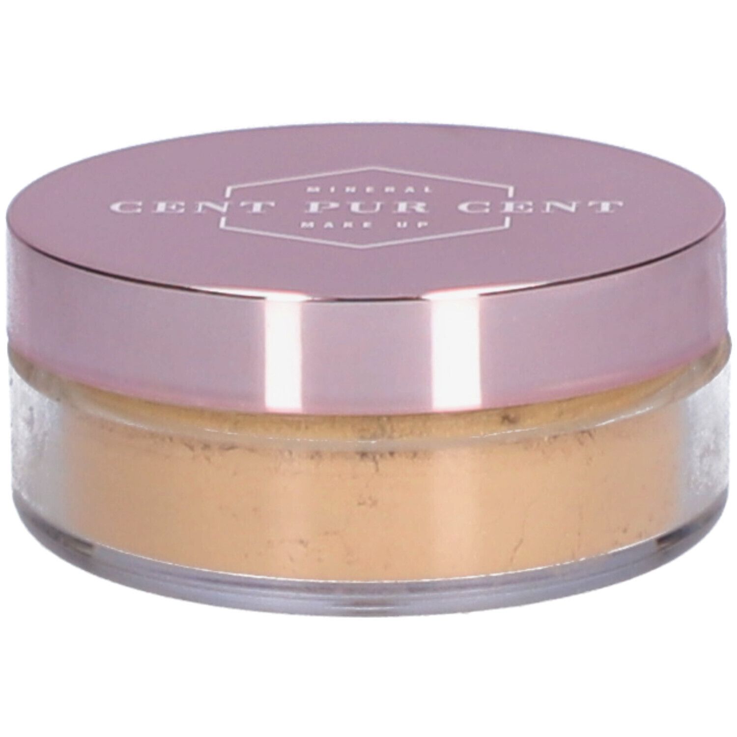 Runder Behälter mit rosafarbenem Deckel. Aufschrift: Cent Pur Cent Mineral Make Up. Inhalt: loses Puder.