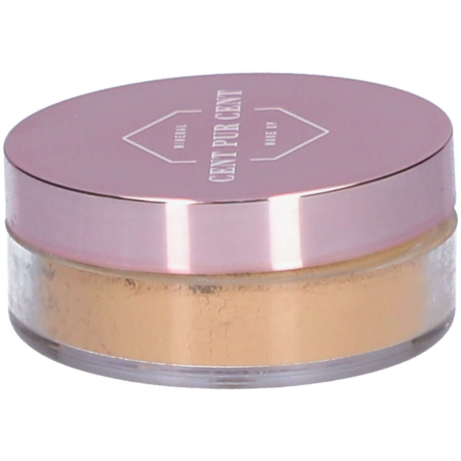 Runder Behälter mit rosafarbenem Deckel. Aufschrift: Cent Pur Cent Mineral Make Up. Inhalt: loses Puder.