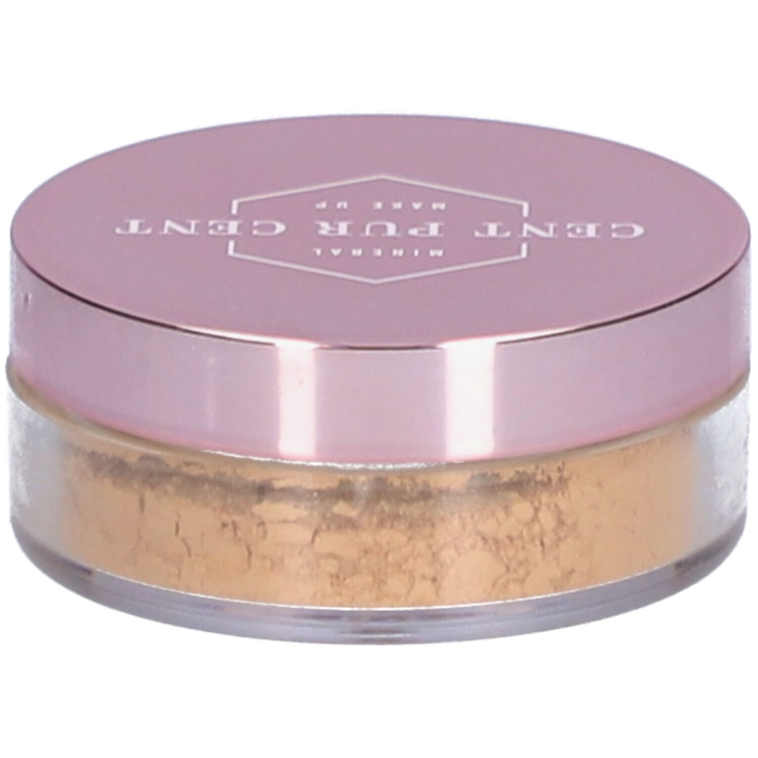 Runder Behälter mit rosafarbenem Deckel. Aufschrift: Cent Pur Cent Mineral Make Up. Inhalt: loses Puder.
