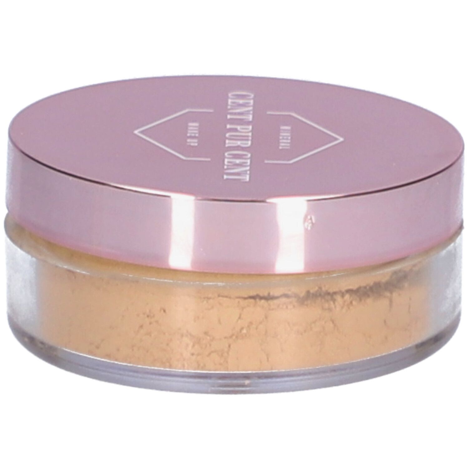 Runder Behälter mit rosafarbenem Deckel. Aufschrift: Cent Pur Cent Mineral Make Up. Inhalt: loses Puder.