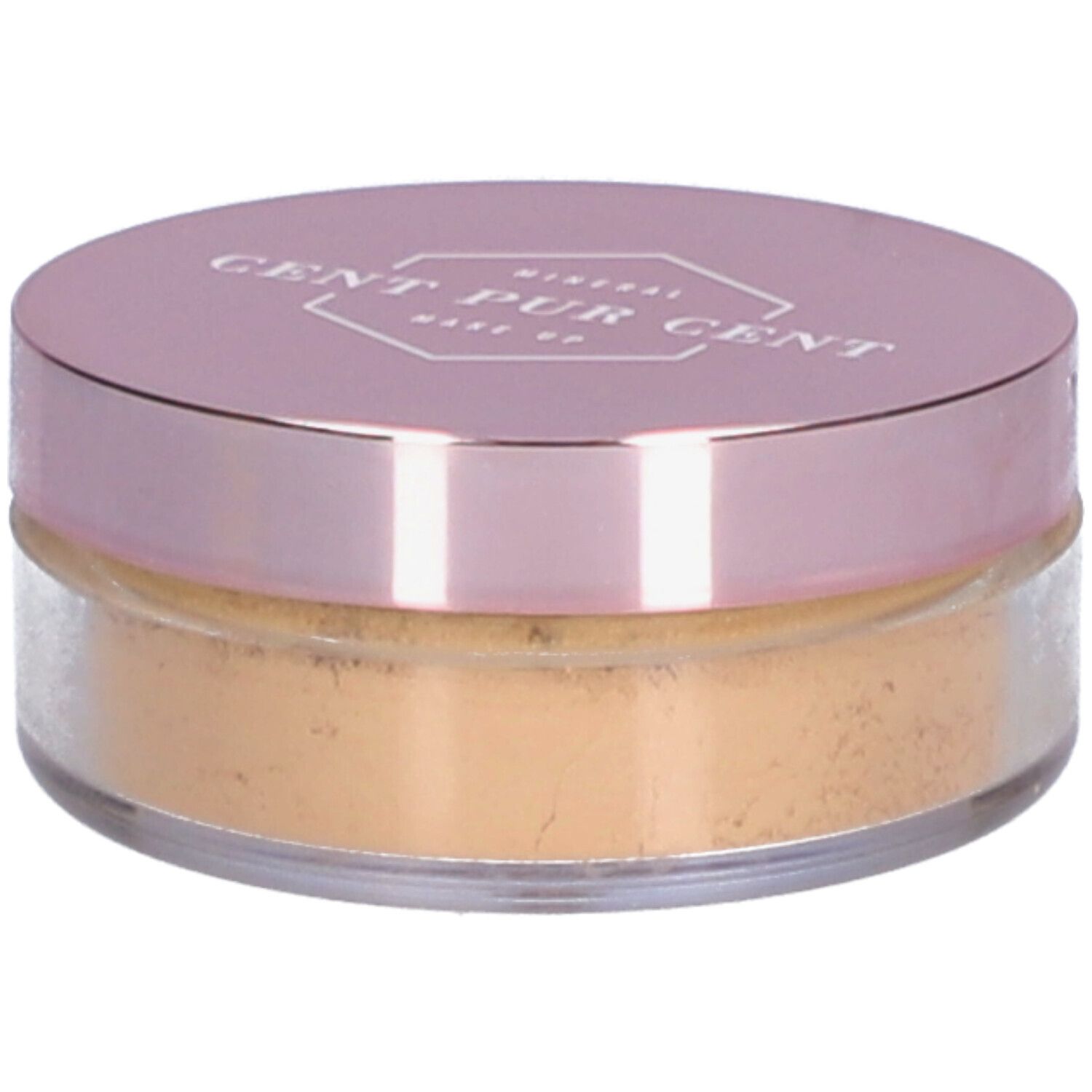 Runder Behälter mit rosafarbenem Deckel. Aufschrift: Cent Pur Cent Mineral Make Up. Inhalt: loses Puder.