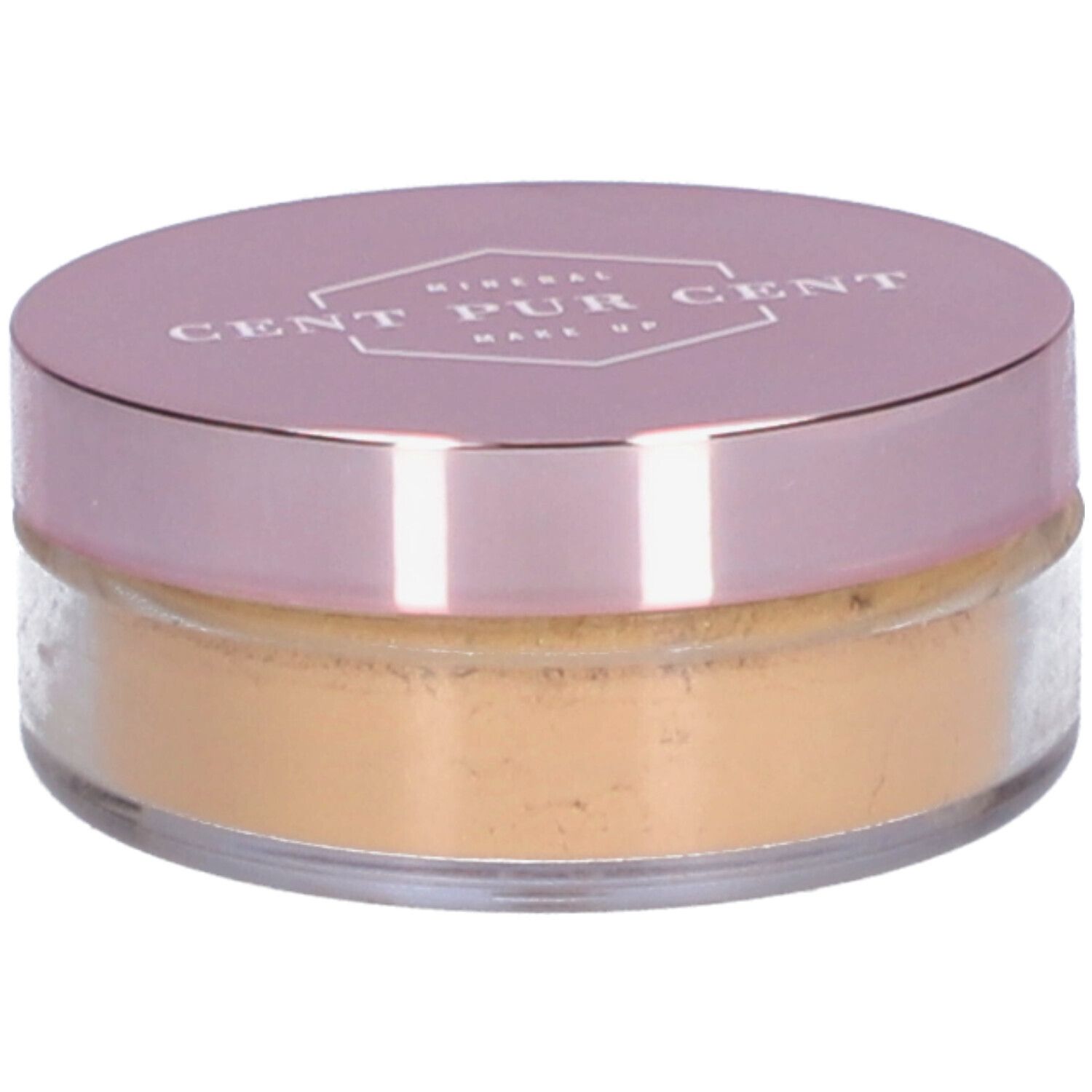Runder Behälter mit rosafarbenem Deckel. Aufschrift: Cent Pur Cent Mineral Make Up. Inhalt: loses Puder.