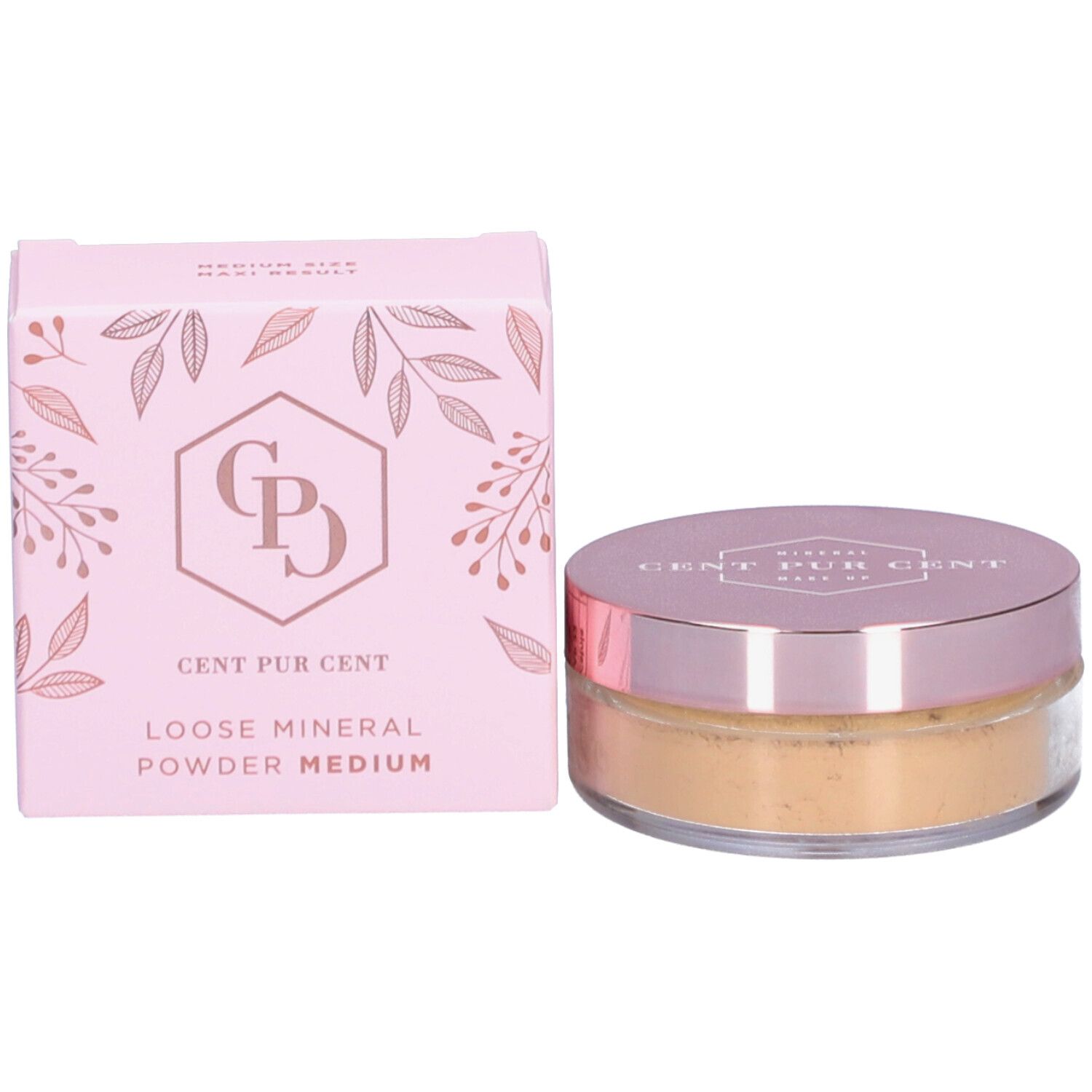Rosa Schachtel und runder Behälter. Aufschrift: Cent Pur Cent Loose Mineral Powder Medium. Produktverpackung.