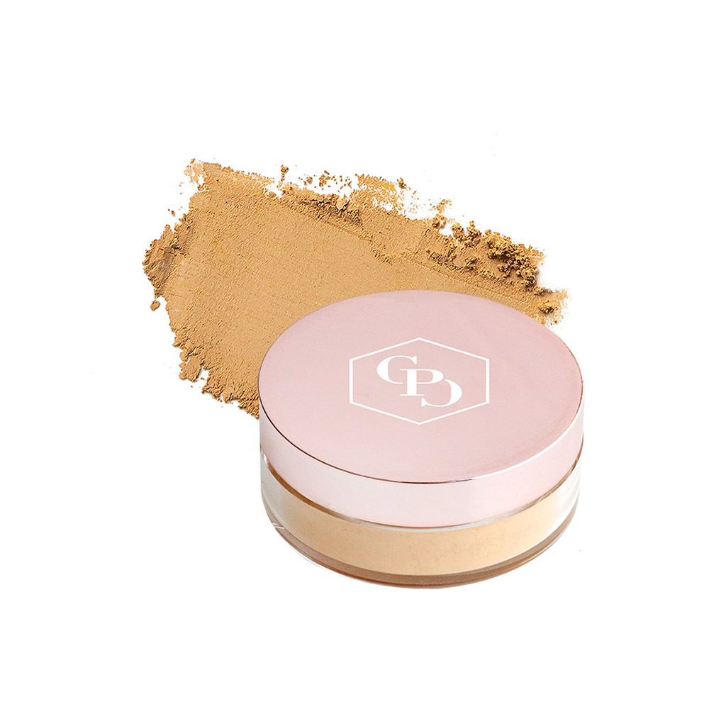 Cent Pur Cent Lose Mineral Foundation Medium 6.0. Pot de poudre et échantillon de poudre. Couvercle rose et logo visibles.