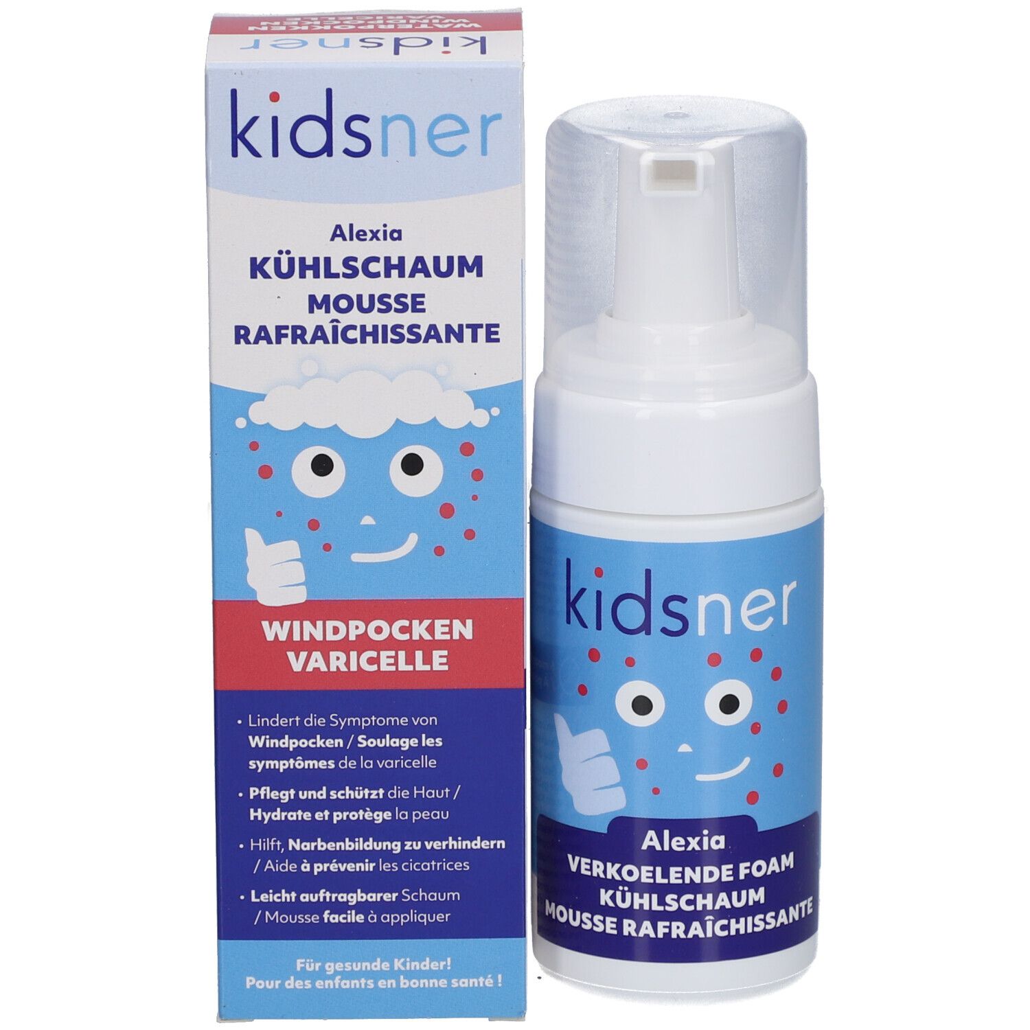 Flacon et emballage du produit. L'emballage indique "kidsner Alexia". Nom du produit et application.