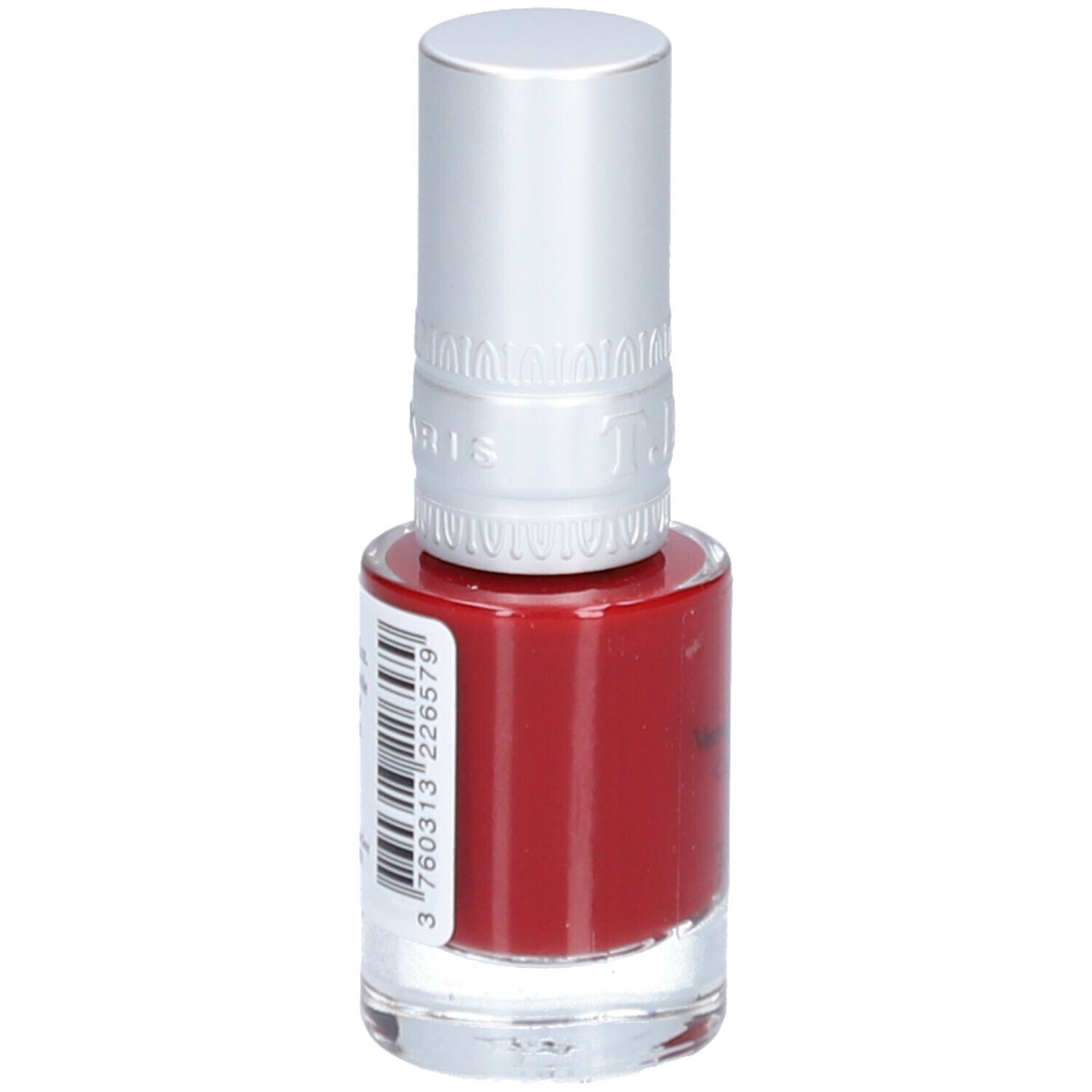Roter Nagellack von T.LeClerc. Flasche mit silbernem Deckel. Barcode und Text auf der Rückseite. Aufschrift: Vernis à Ongles Soin.
