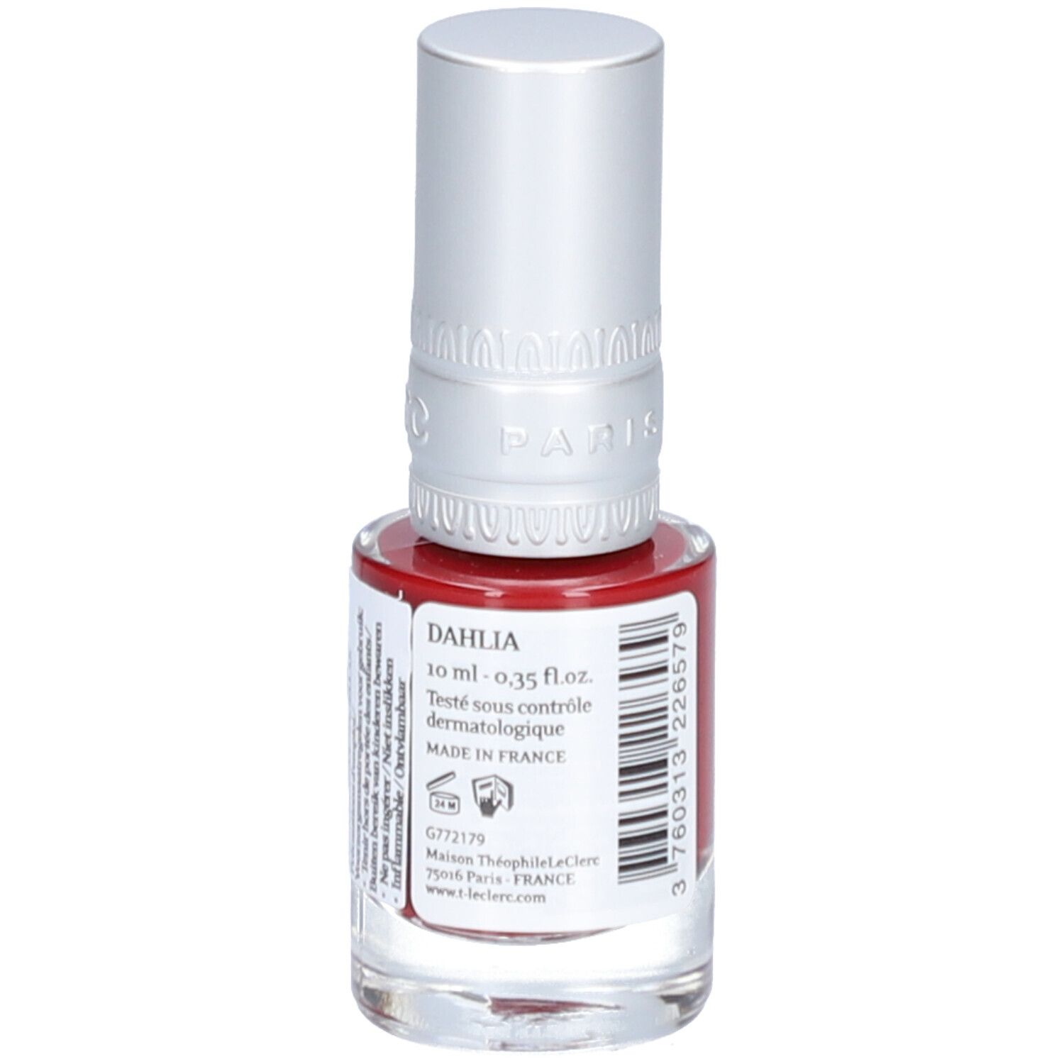 Roter Nagellack von T.LeClerc. Flasche mit silbernem Deckel. Aufschrift: Dahlia, 10 ml. Text: Testé sous contrôle dermatologique. Made in France.