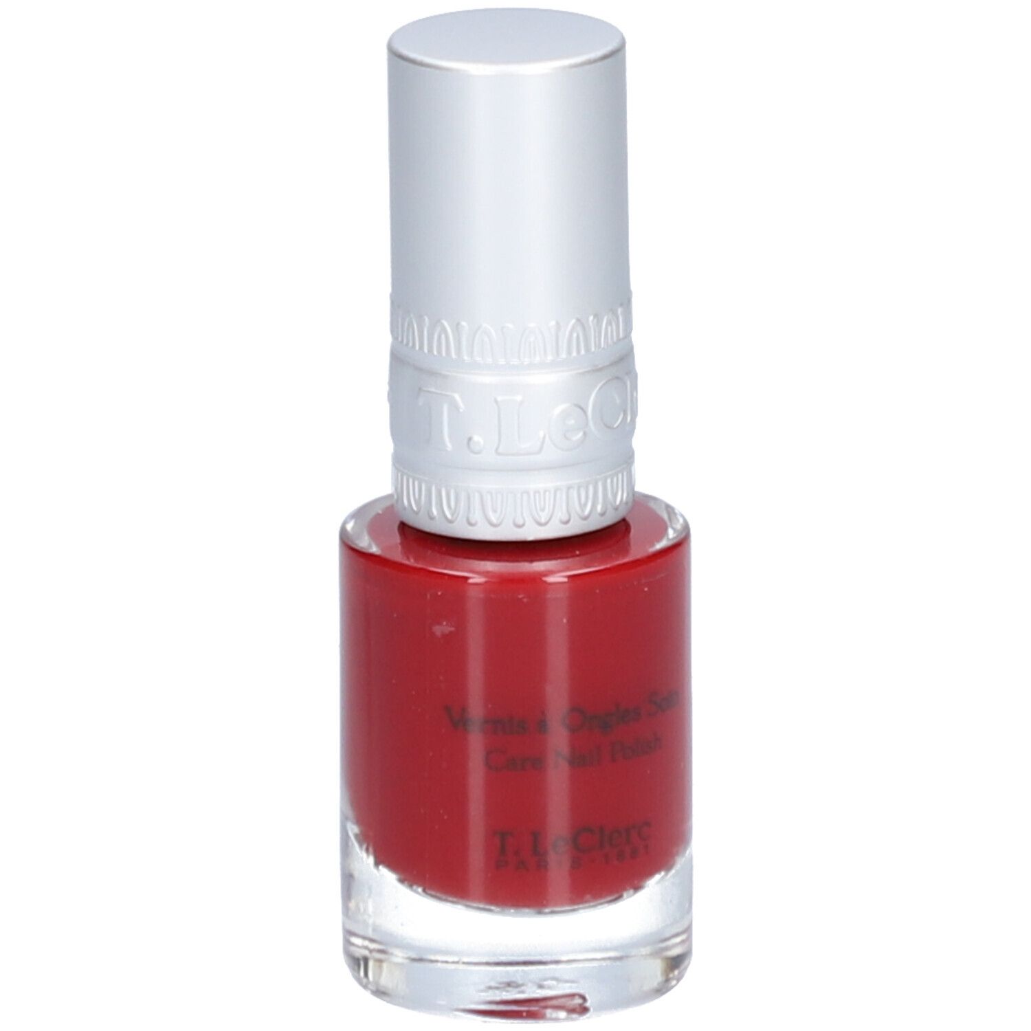 Roter Nagellack von T.LeClerc. Glasflasche mit silbernem Deckel. Aufschrift: Vernis à Ongles Soin, Care Nail Polish.