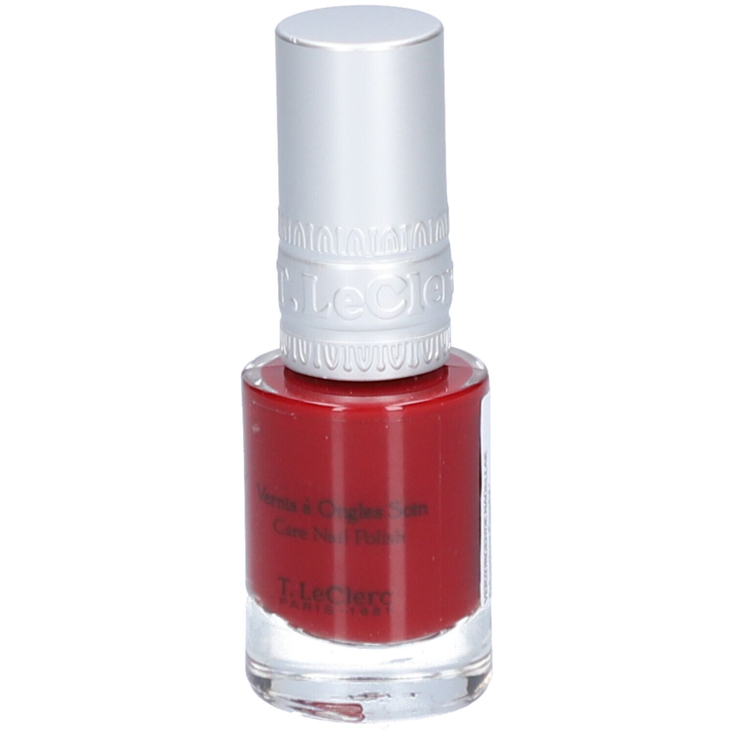 Roter Nagellack von T.LeClerc. Glasflasche mit silbernem Deckel. Aufschrift: Vernis à Ongles Soin, Care Nail Polish.