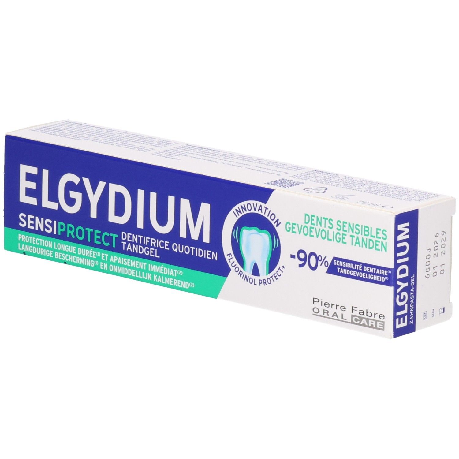 Elgydium Sensiprotect Zahnpasta-Gel für empfindliche Zähne, 90% Sensibilitätsreduktion.