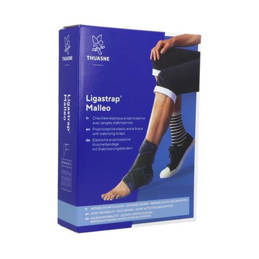 Boîte bleue avec attelle de cheville. Texte: Ligastrap Malleo, Thuasne. Illustration d'un pied avec attelle.