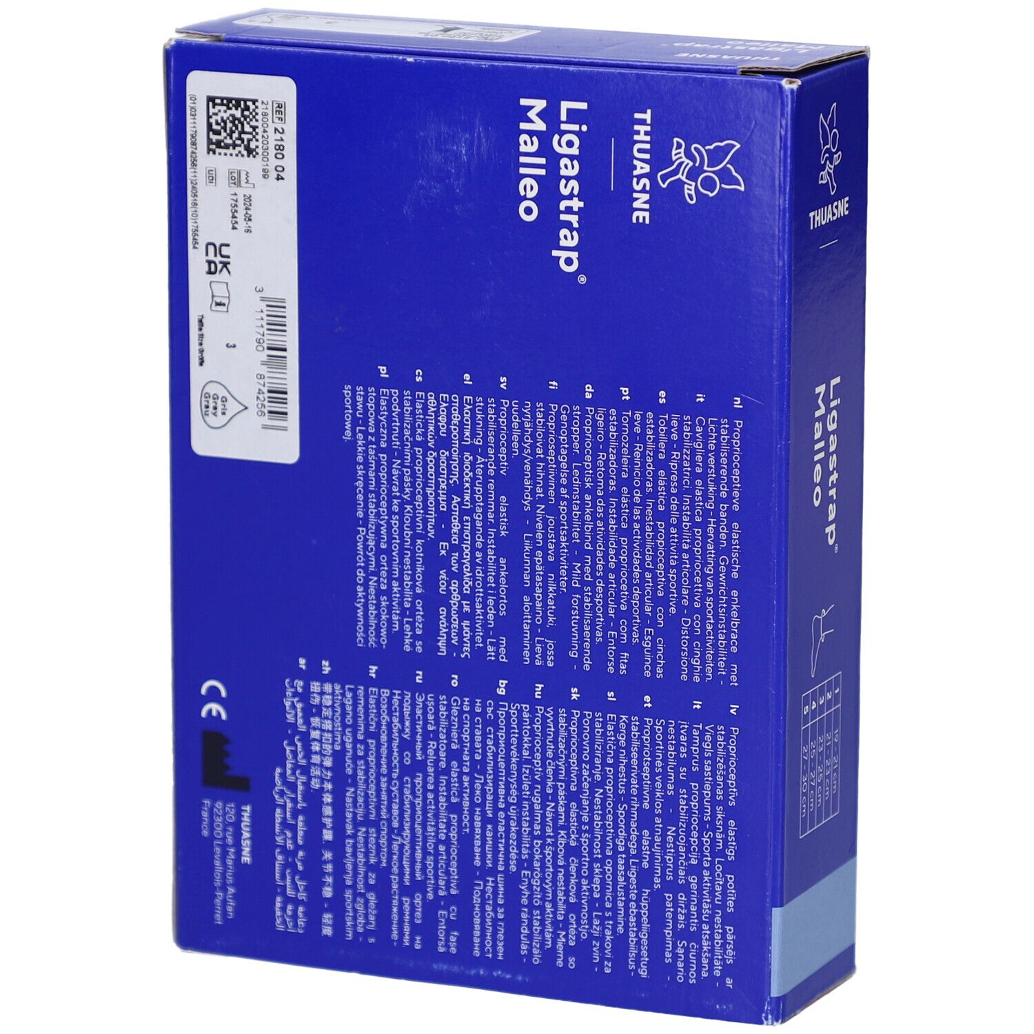 Rückseite der blauen Verpackung. Text: Ligastrap Malleo, Thuasne. Produktinformationen und Barcode.
