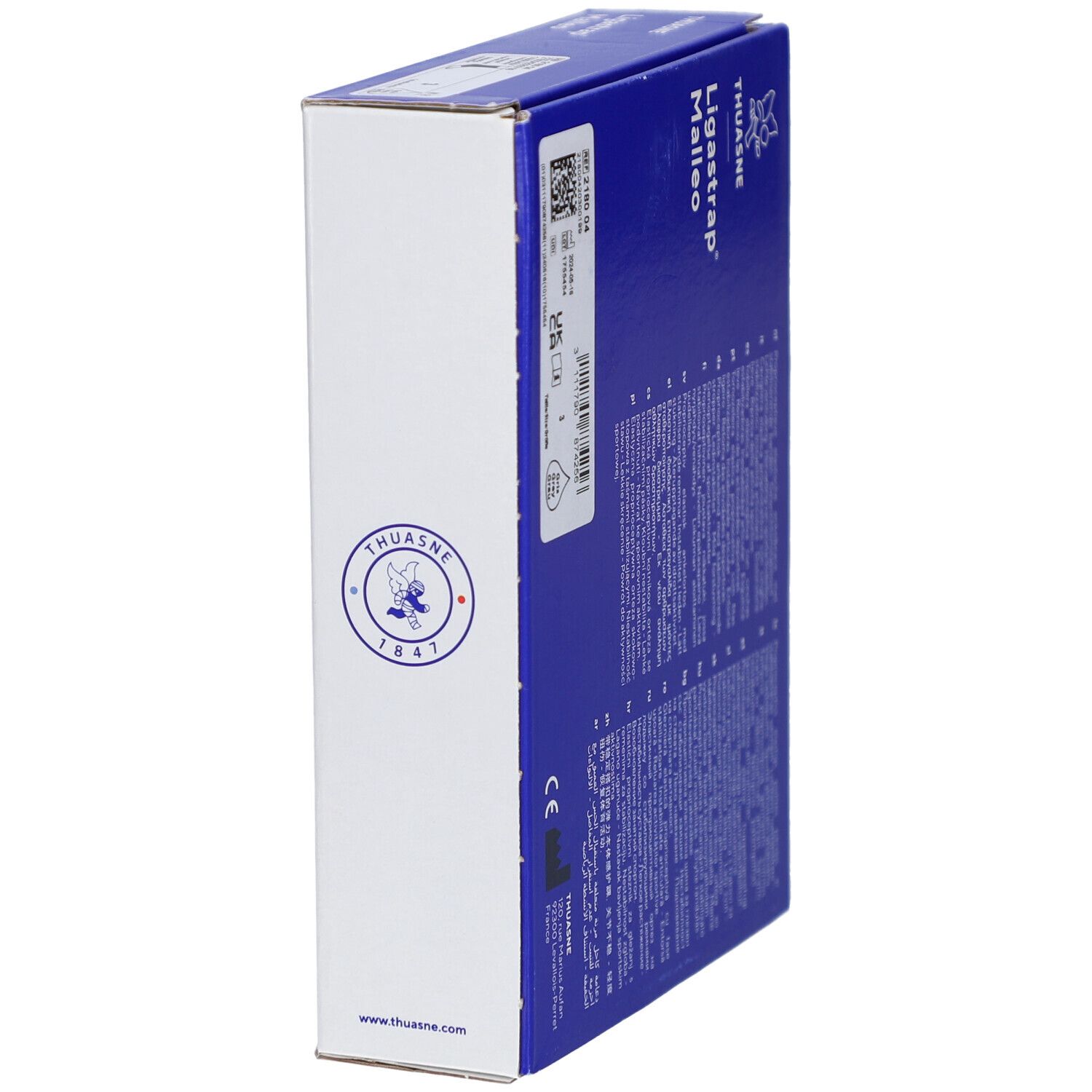 Seitenansicht der blauen Verpackung. Text: Ligastrap Malleo, Thuasne. CE-Kennzeichnung.