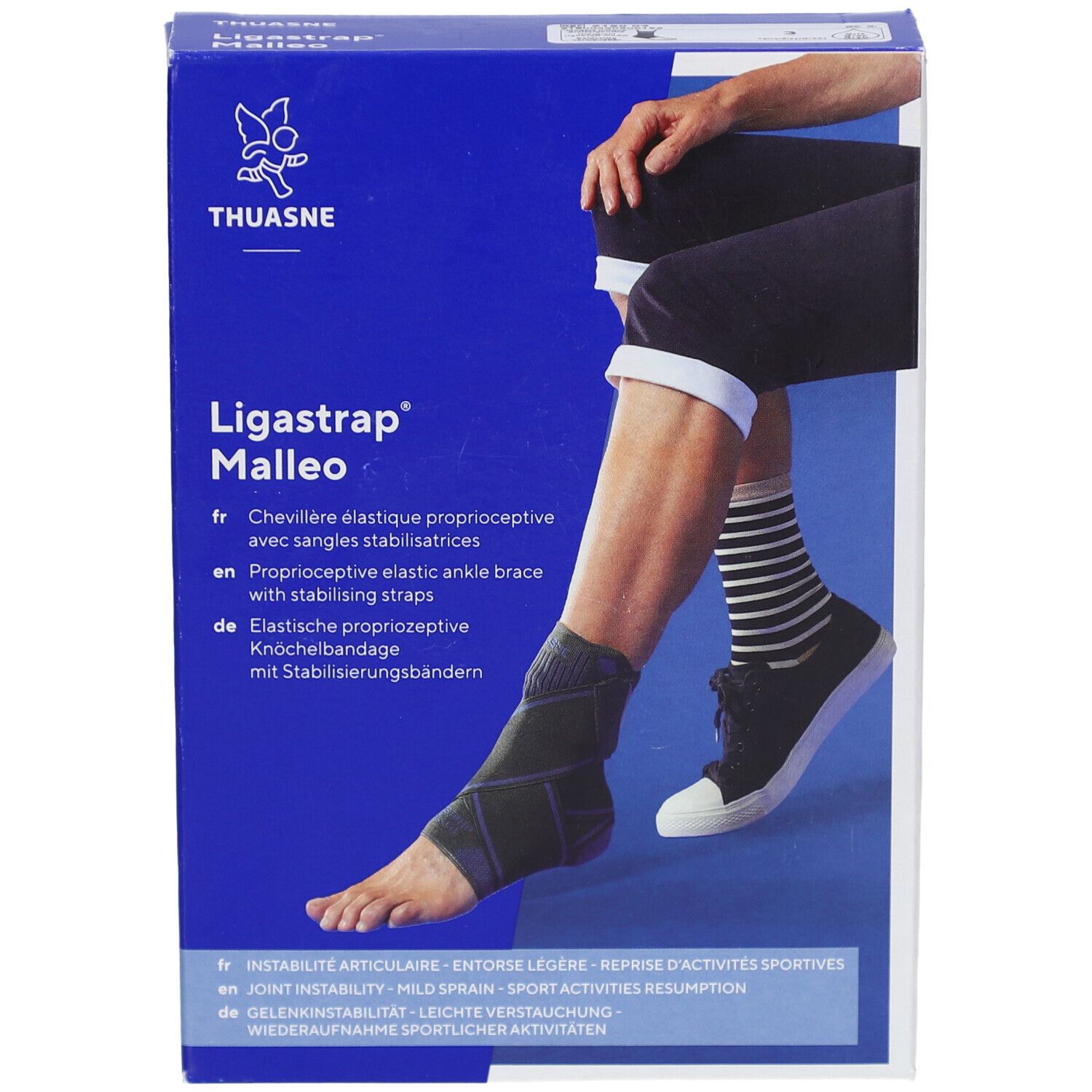Blaue Verpackung mit Knöchelbandage. Text: Ligastrap Malleo, Thuasne. Abbildung eines Fußes mit Bandage.